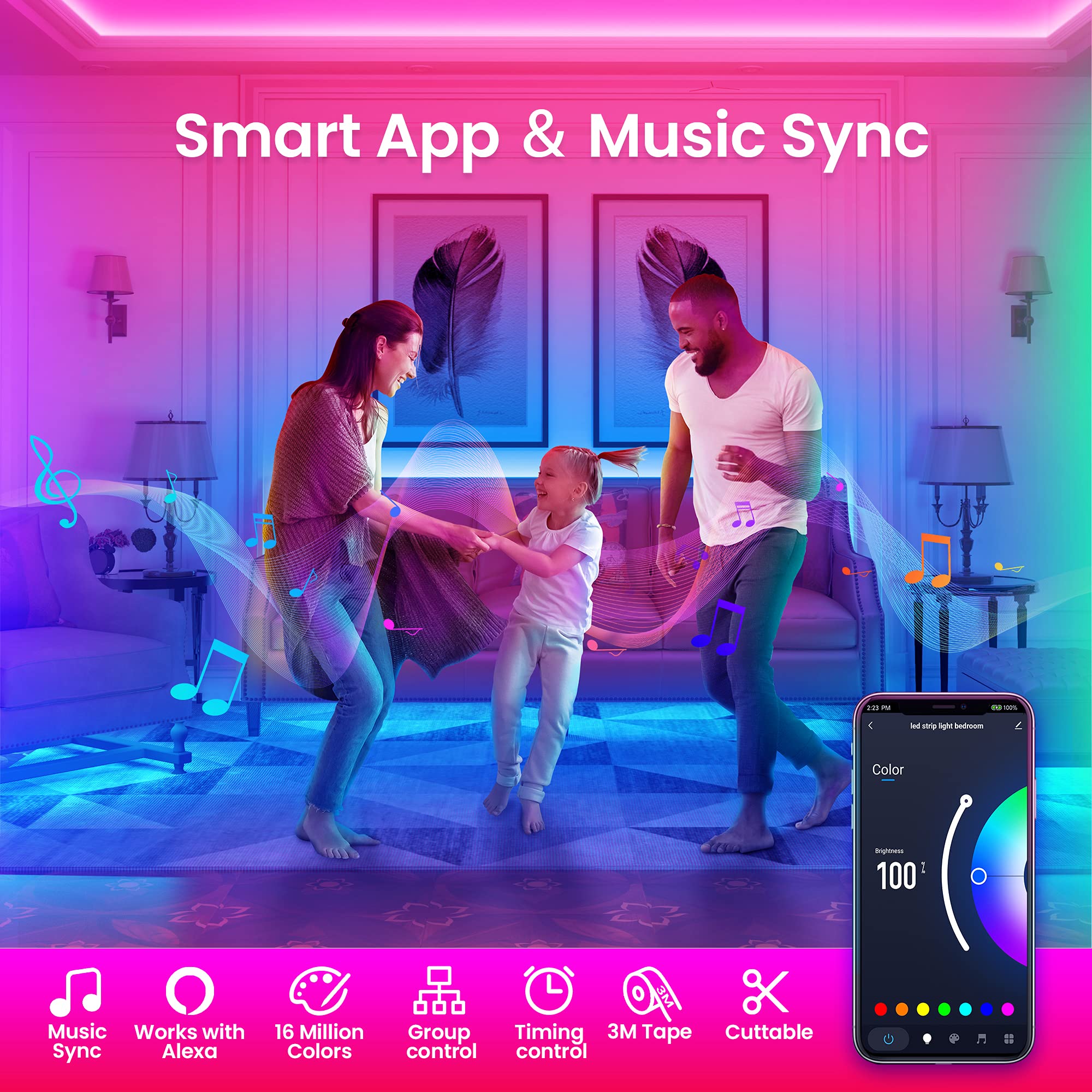 TJOY LED strip app control highlights color options and brightness