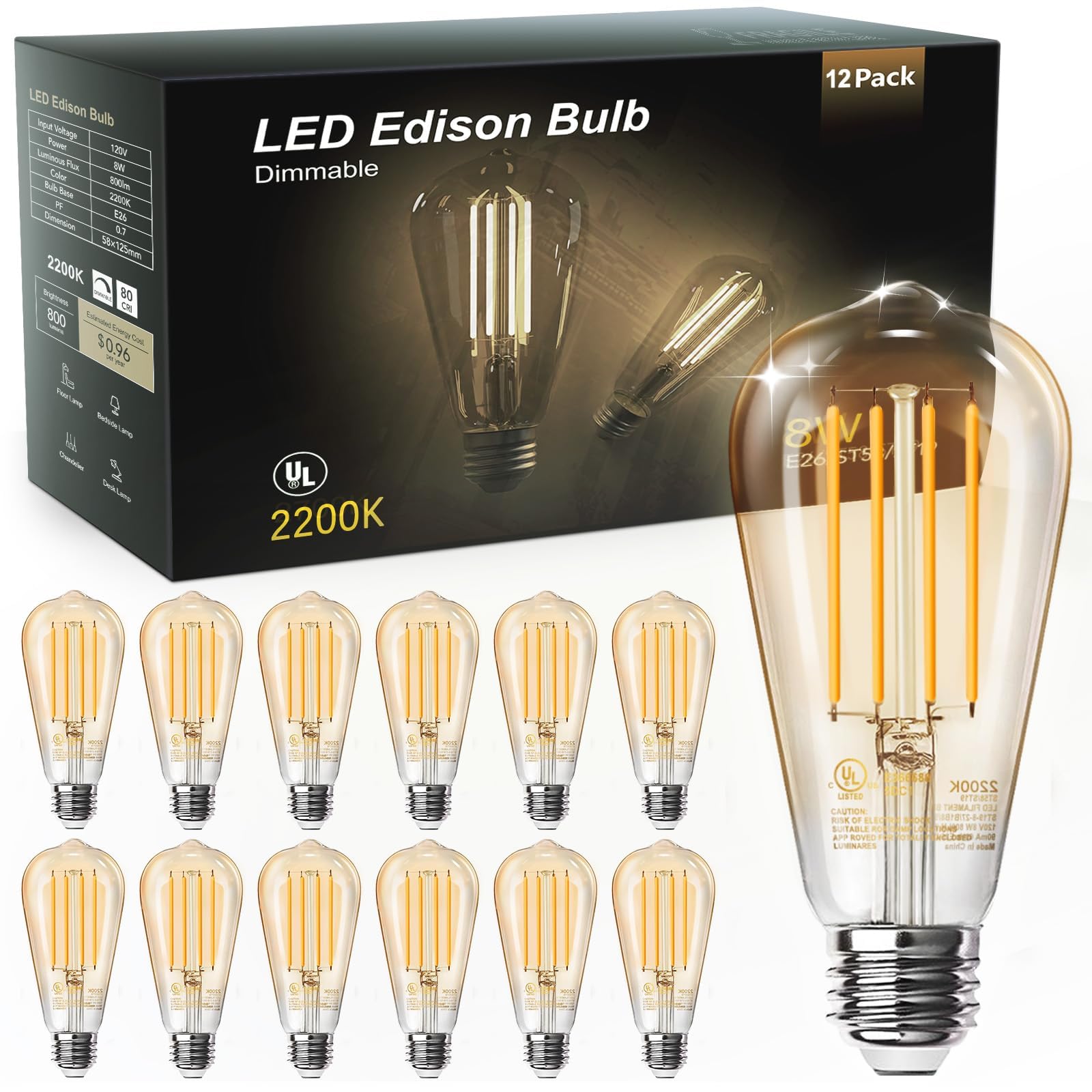 TJOY vintage Edison amber bulb with a warm glow, ideal for chandeliers.