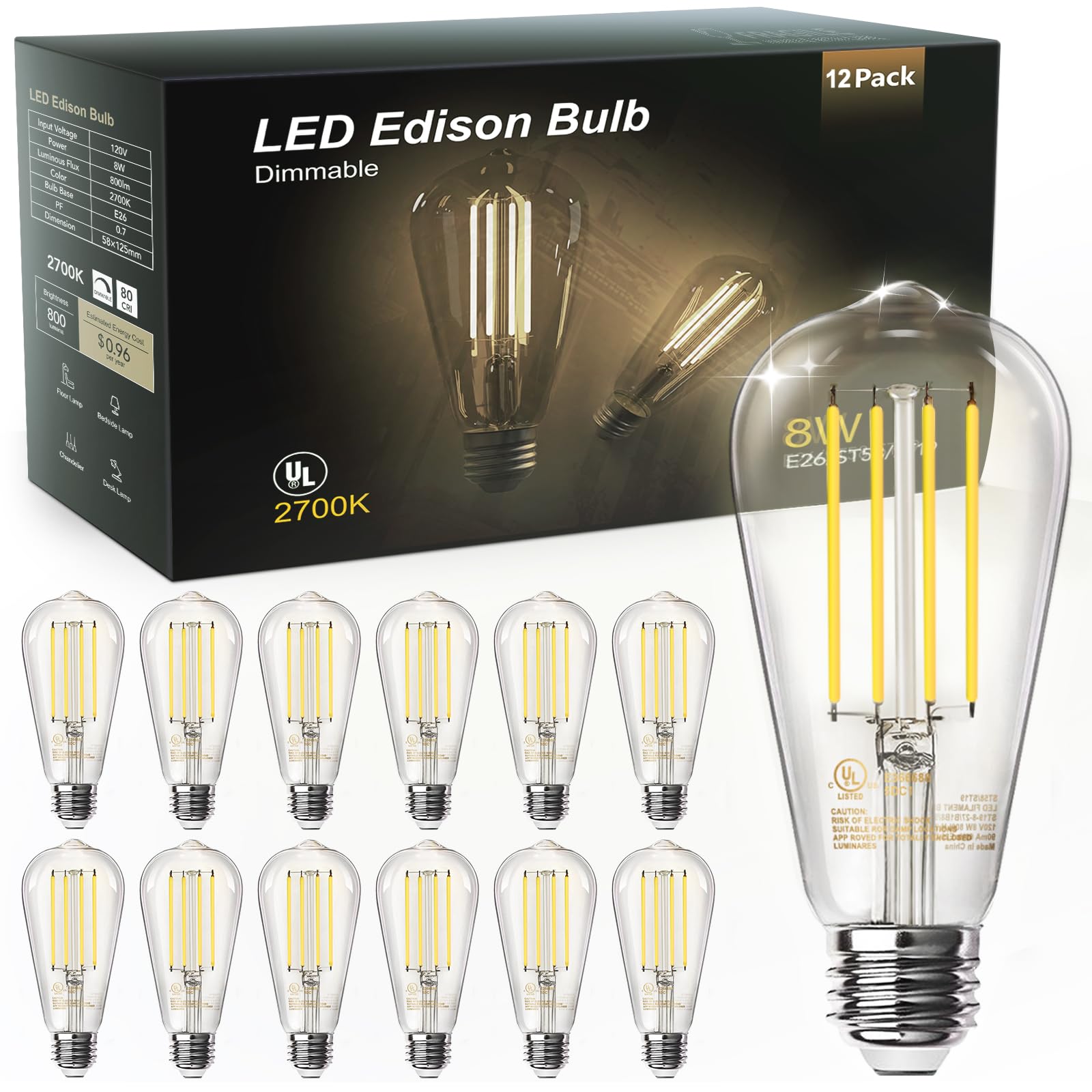 TJOY vintage Edison bulb with 8W filament for dimmable, cozy lighting.
