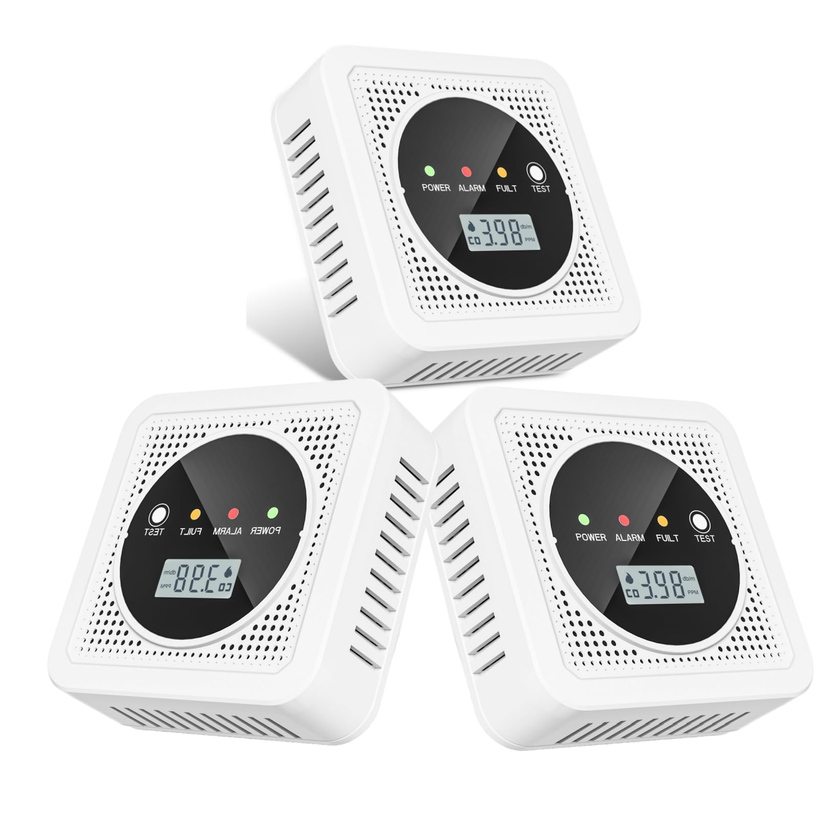 TJTFJS 3-pack 2-in-1 detector front view with dual sensors for smoke and CO.
