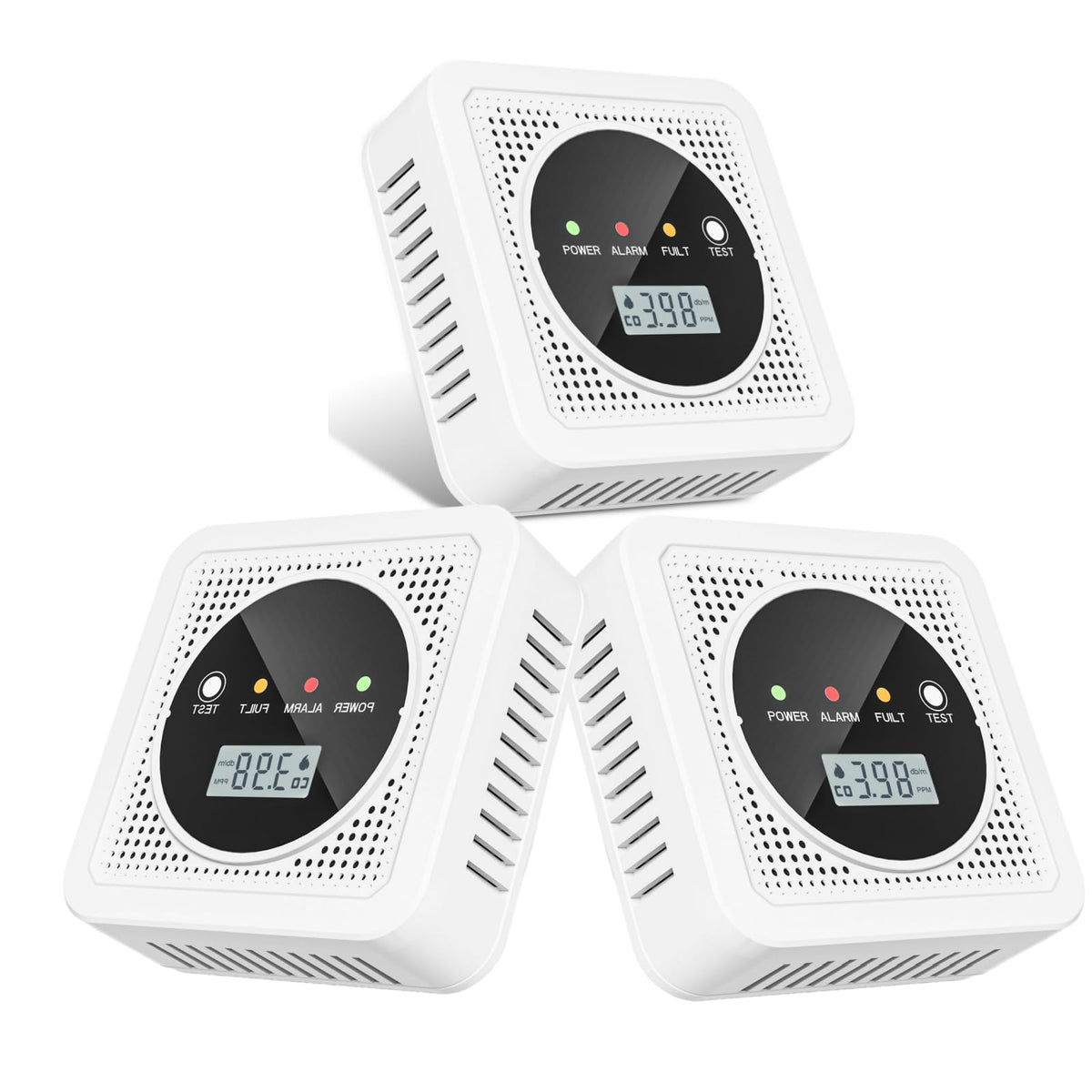 TJTFJS 3-pack 2-in-1 detector front view with dual sensors for smoke and CO.