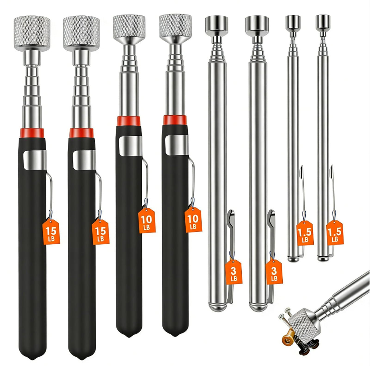 TKSDWBLTY telescoping magnetic pickup tool reaches tight spots to grab small metal items.