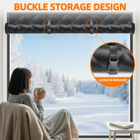 Tlany storage buckles illustrate easy roll-up and quick window access.