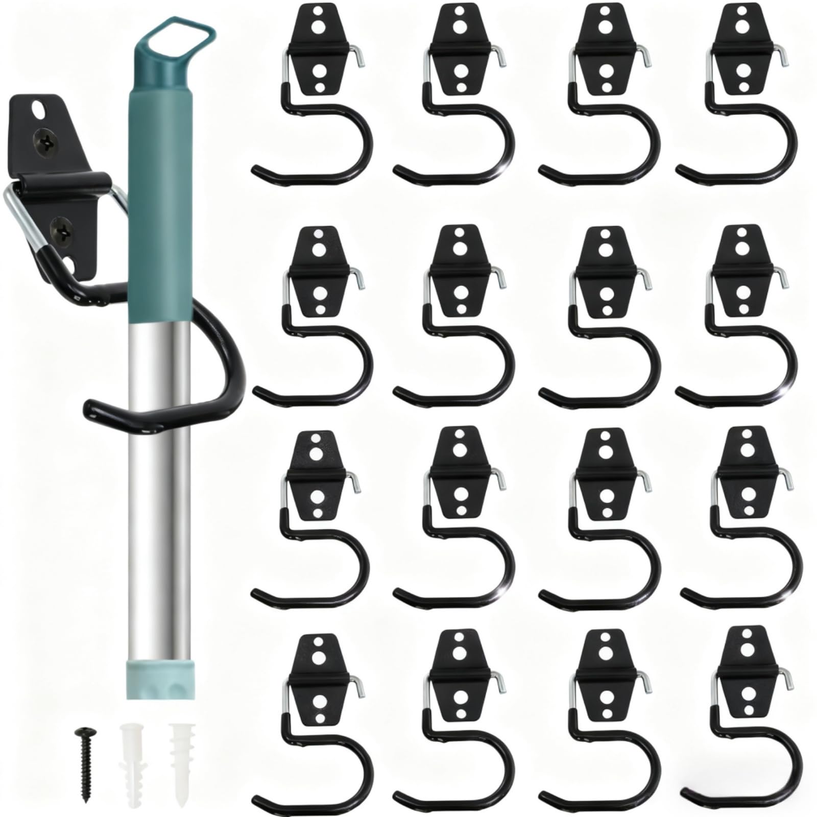 Tlence 16-pack metal broom hooks securely mounted on wall for tool storage.