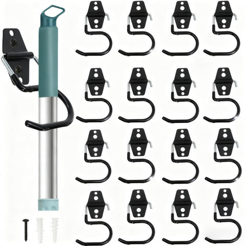 Tlence 16-pack metal broom hooks securely mounted on wall for tool storage.