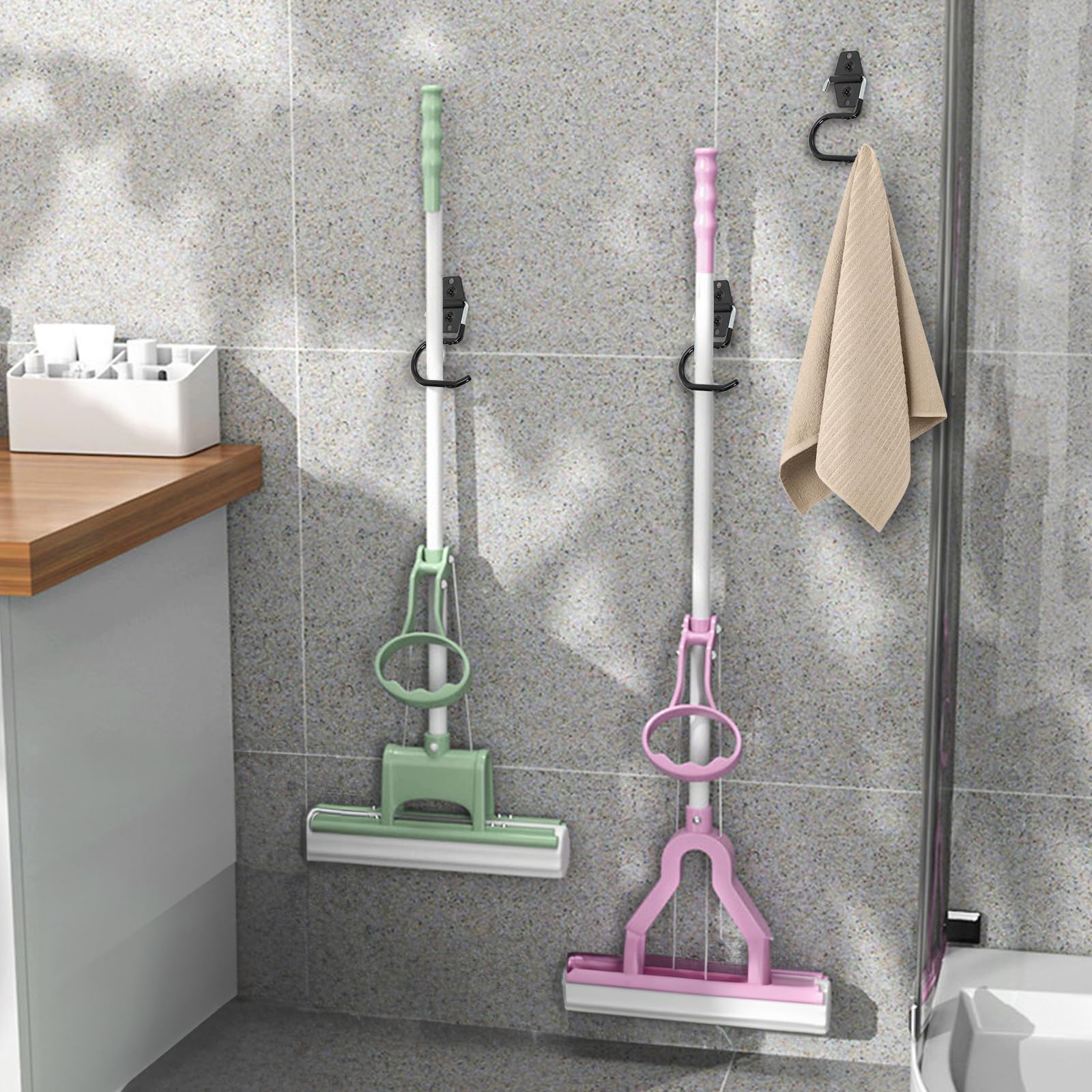 Tlence rubber-coated hooks protect surfaces while providing dependable grip.