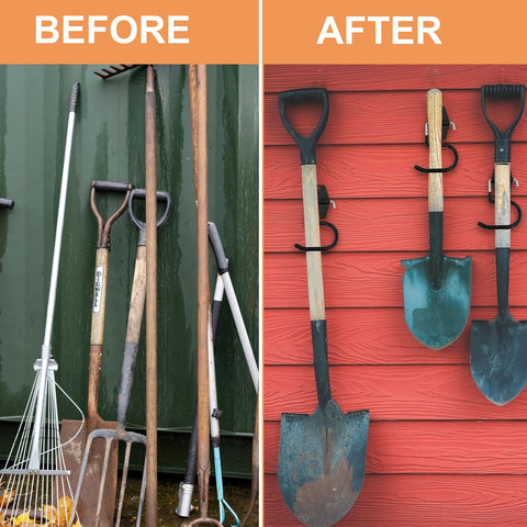 Tlence space-saving wall mount keeps garage and shed tidy and accessible.