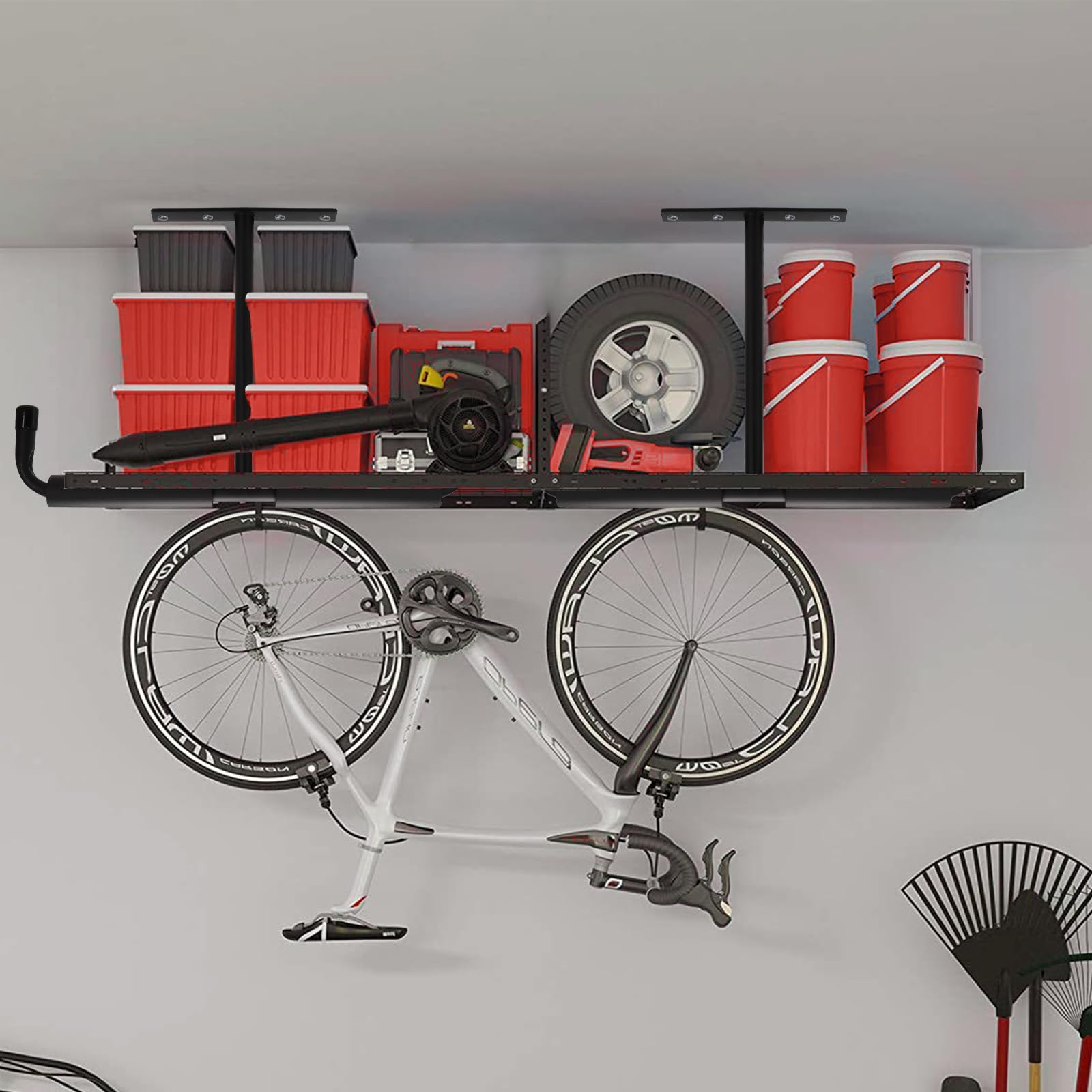 Tlence storage solution for lumber, fishing rods, pipes, and hoses in a garage.