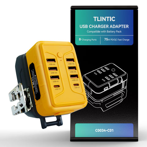 Tlintic DeWalt 75W USB charger front view with eight ports for multitasking on site