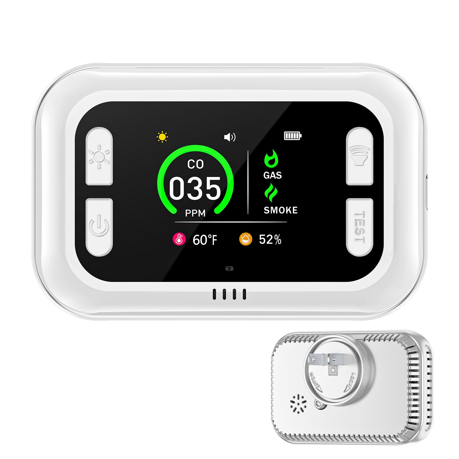 TMEOIIPY carbon monoxide detector plugged into wall with clear LCD readout for real-time safety.