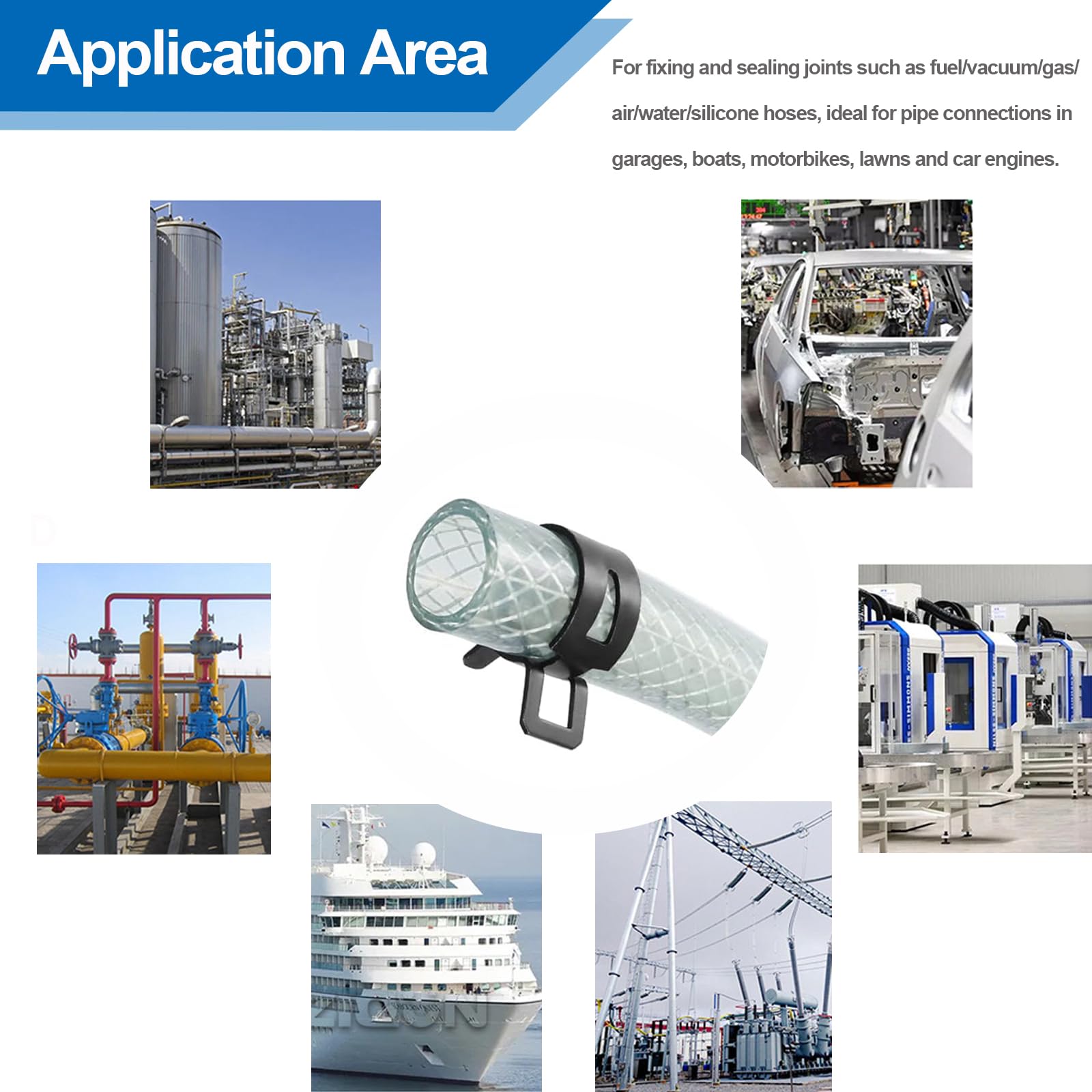 Tnisesm clamps suitable for fuel lines, vacuum hoses, and water pipes.