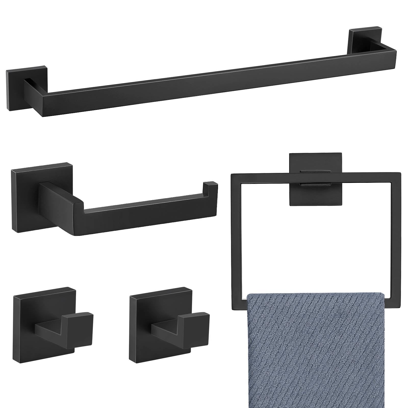TNOMS 5-piece matte black bathroom hardware set keeps towels neatly organized.