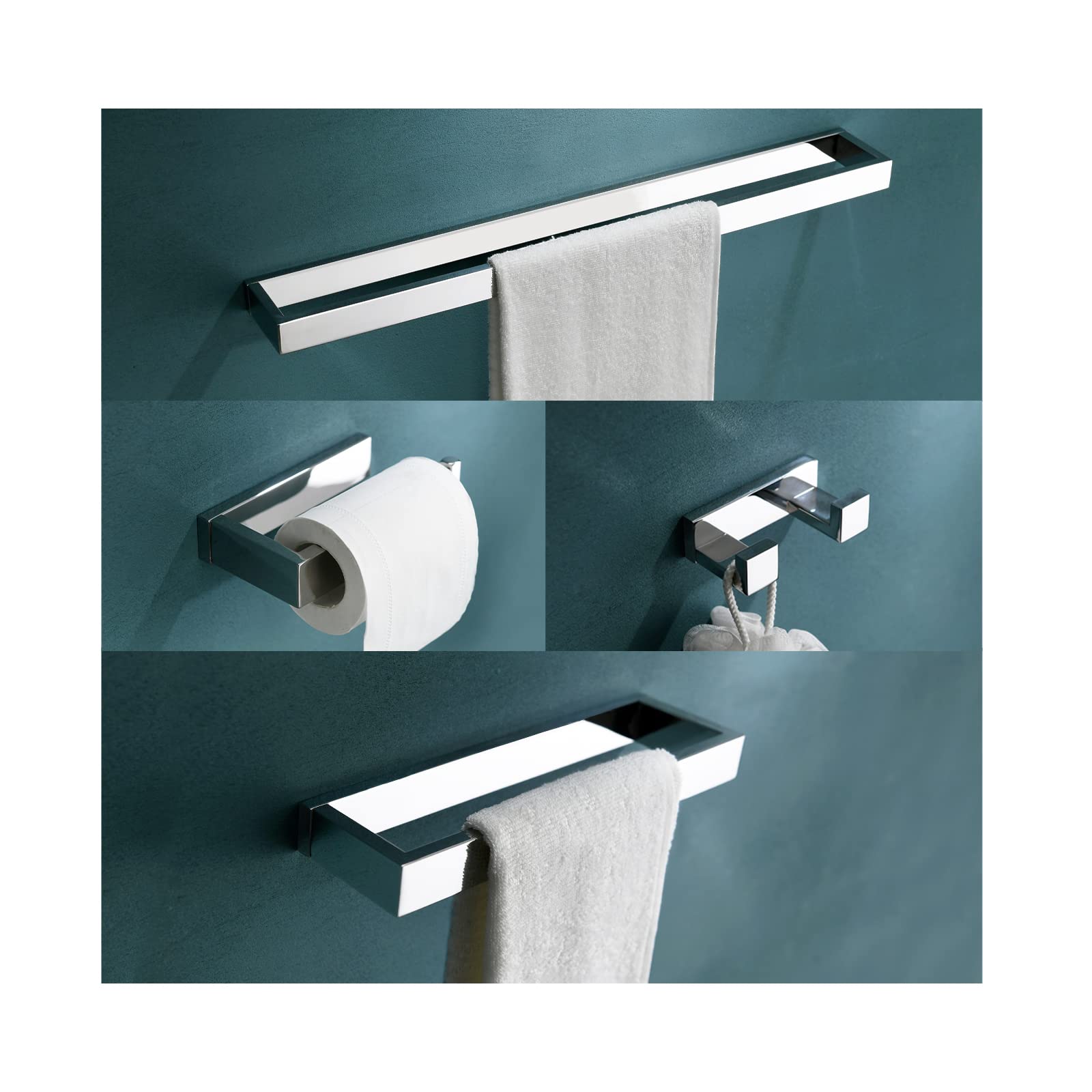 TNOMS polished-chrome bathroom hardware set, 23.6-inch, cohesive modern look.