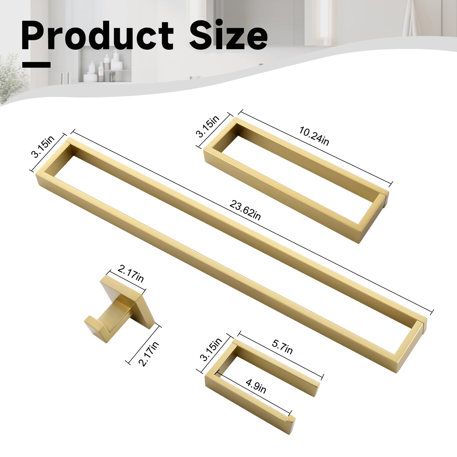 TNOMS brushed gold bathroom layout showcases coordinated accessories for a neat space.