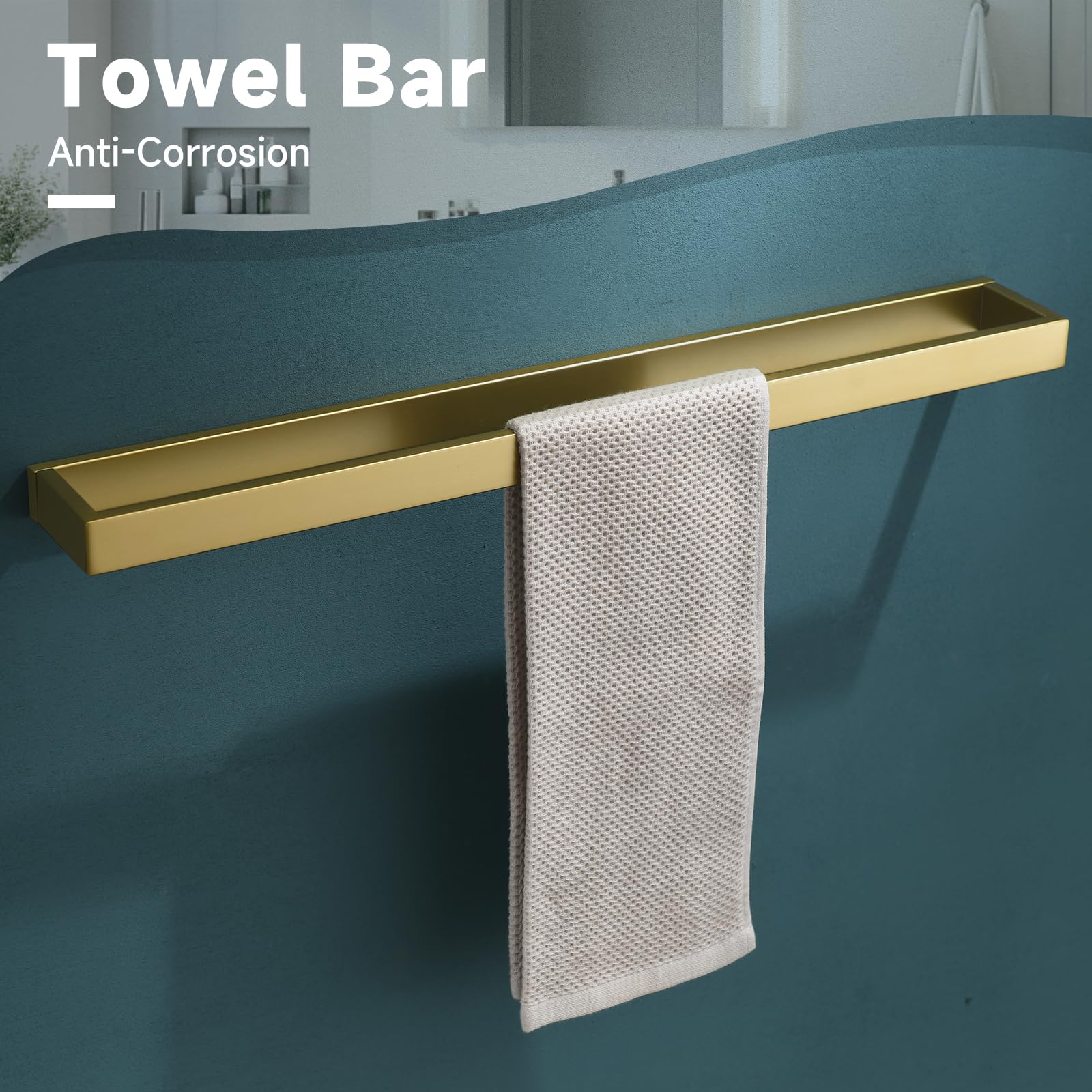 TNOMS brushed gold towel bar 23-6inch highlights ample drying space and wall-mounted appeal.