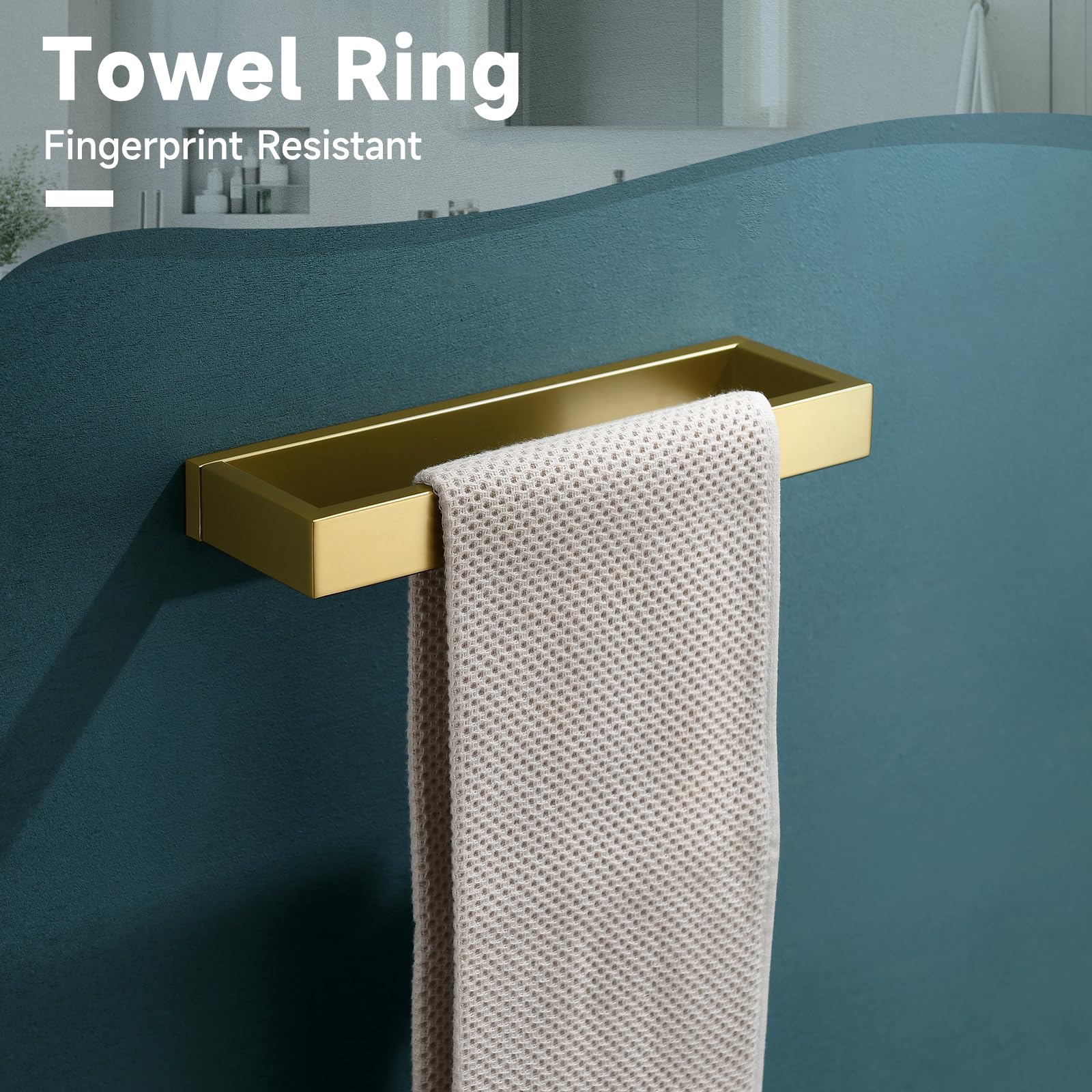 TNOMS brushed gold towel holder close-up emphasizes durable finish and clean lines.