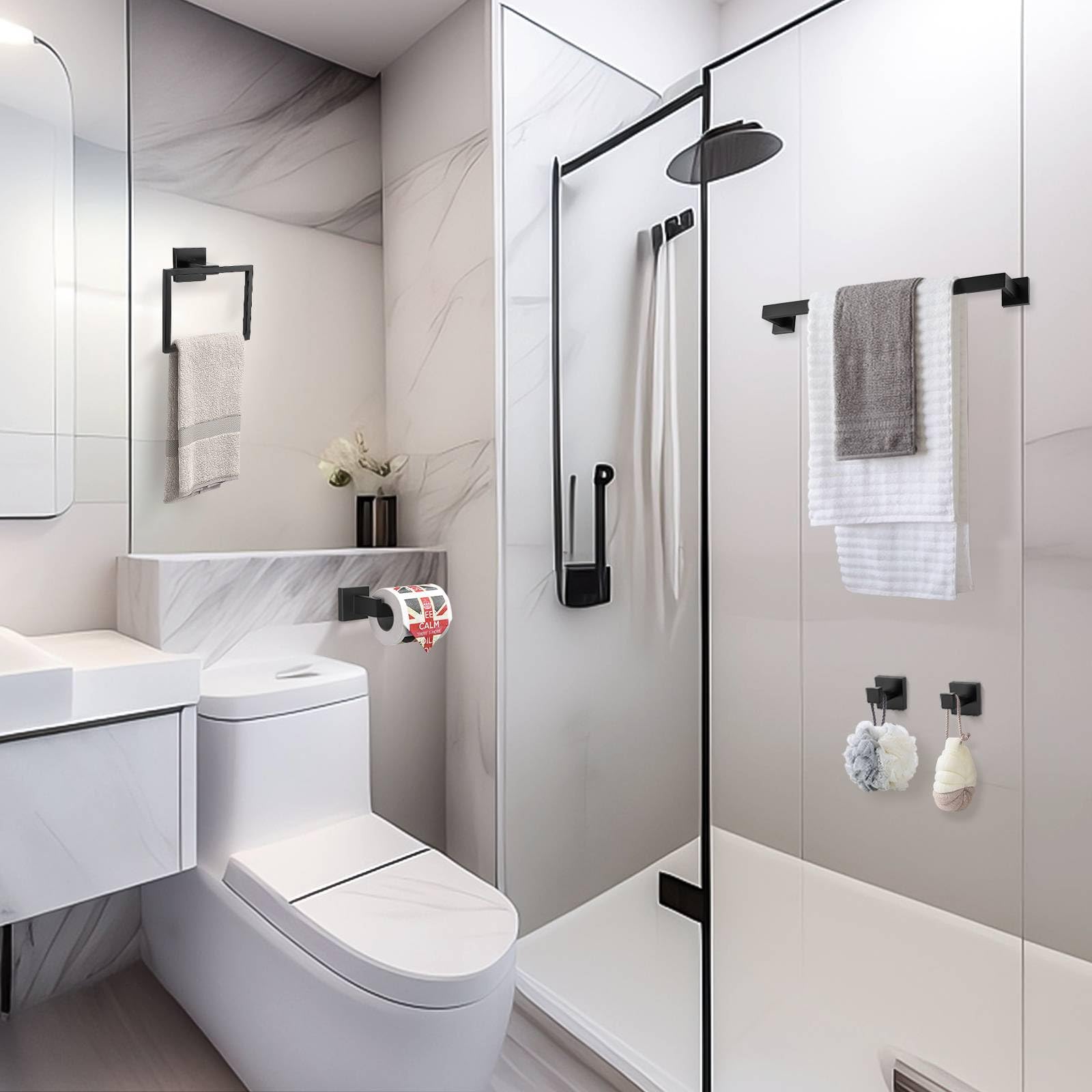 TNOMS contemporary matte black bathroom kit fits compact spaces and elevates style.