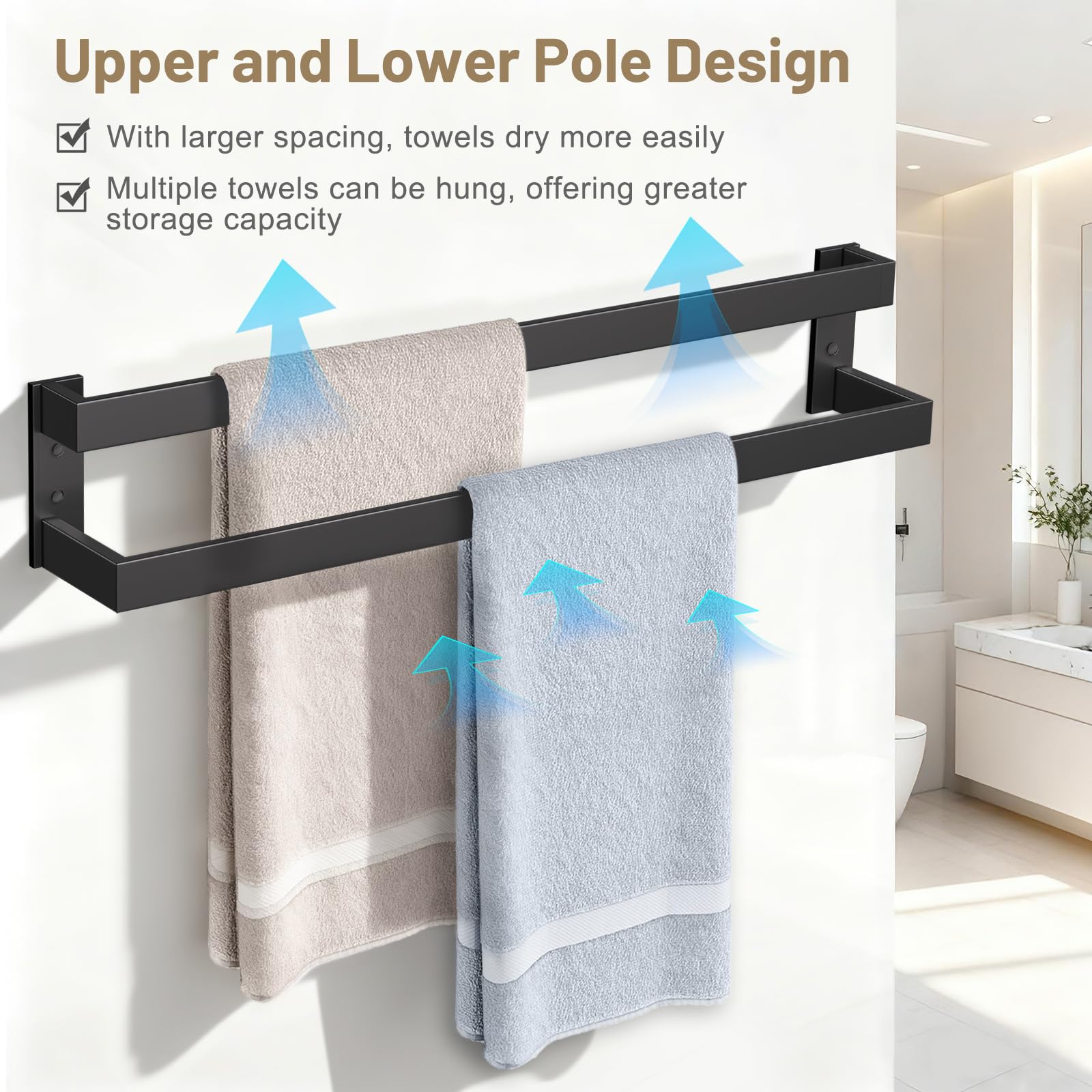 TNOMS double towel bar 24-inch side view highlights slim profile for small bathrooms.