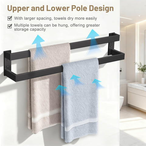 TNOMS double towel bar 24-inch side view highlights slim profile for small bathrooms.