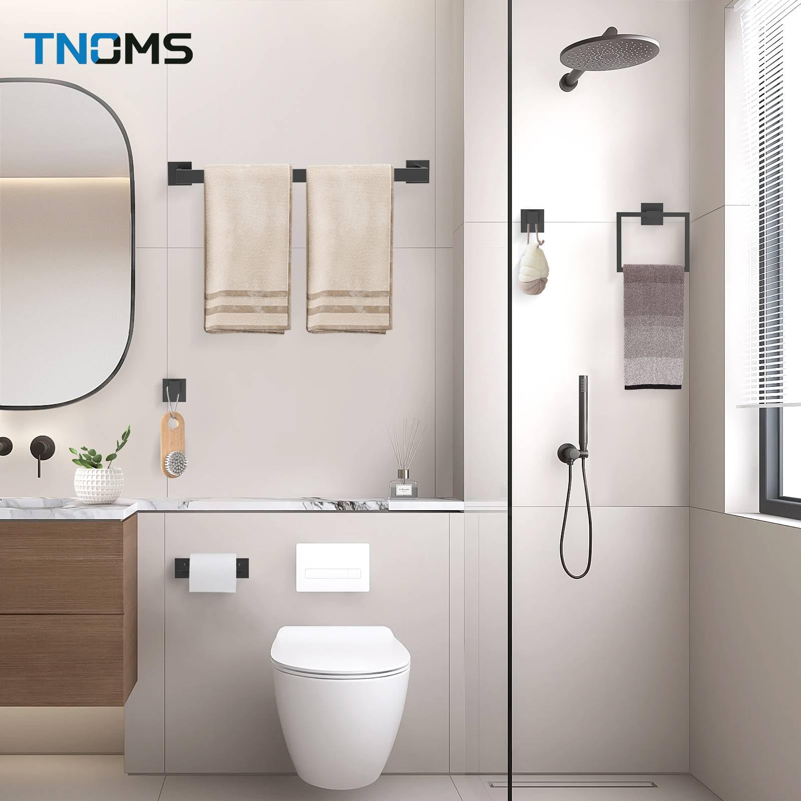 TNOMS towel bar measures 23-6 inches and complements a complete hardware set