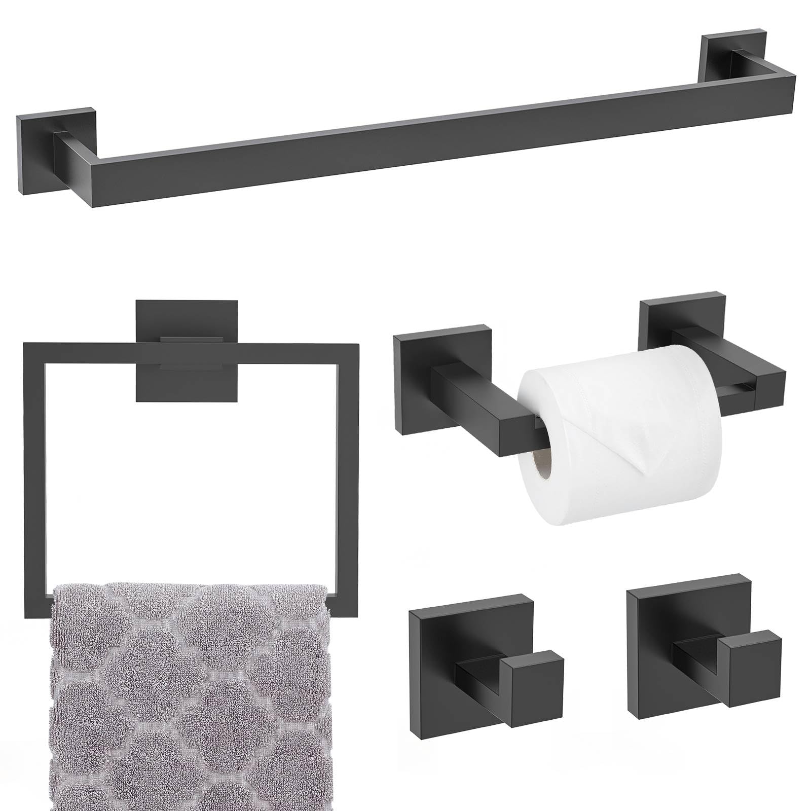 TNOMS matte black towel bar set assembly on wall adds sleek bathroom organization