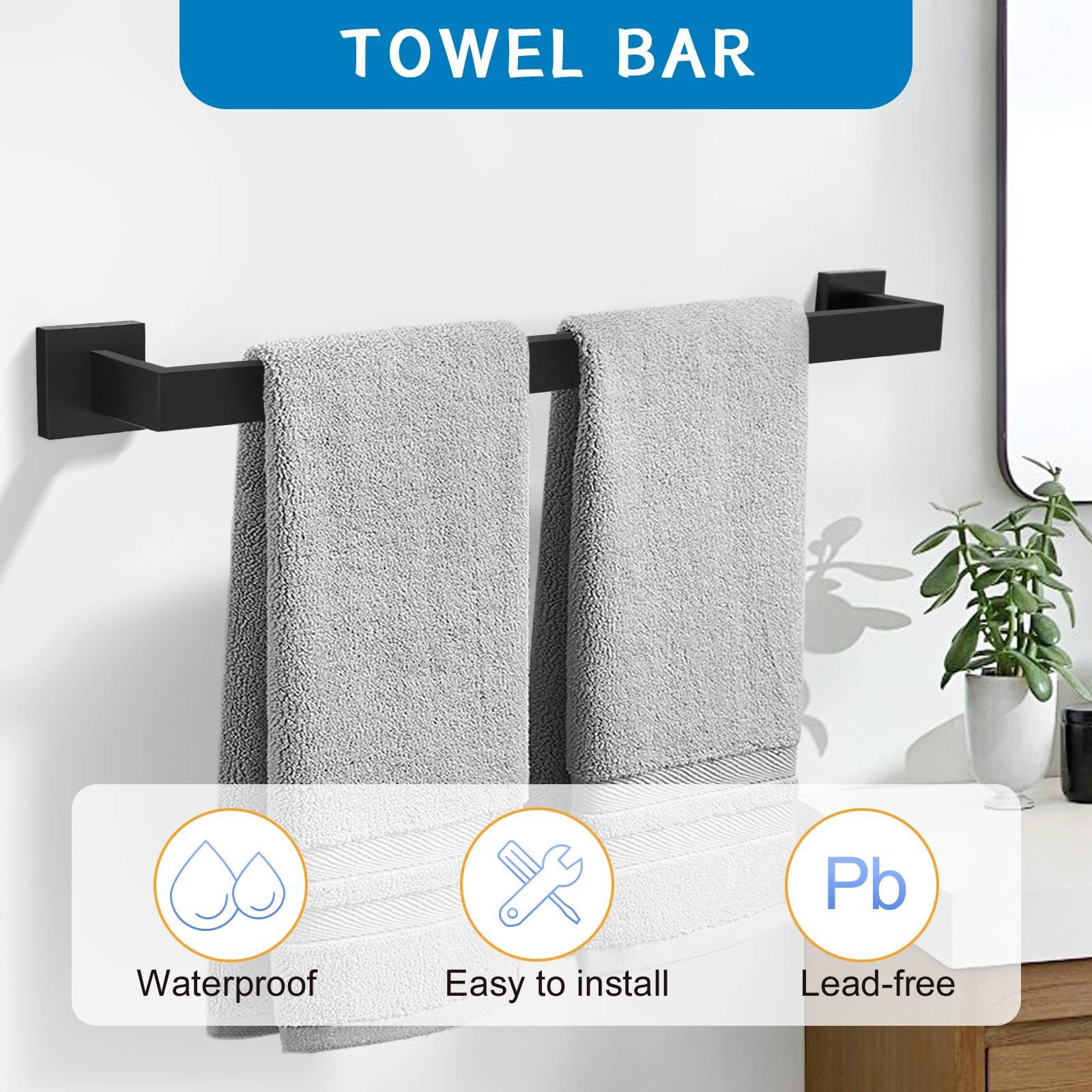 TNOMS matte black towel bar offers durable, rust-resistant towel storage.