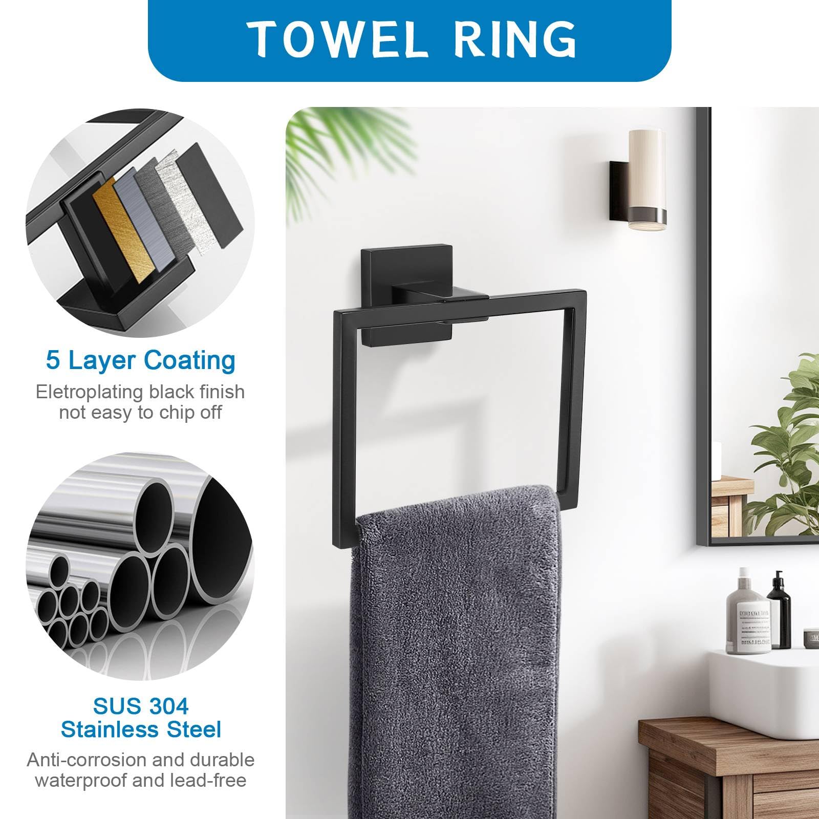 TNOMS matte black towel holder keeps towels within reach after shower.