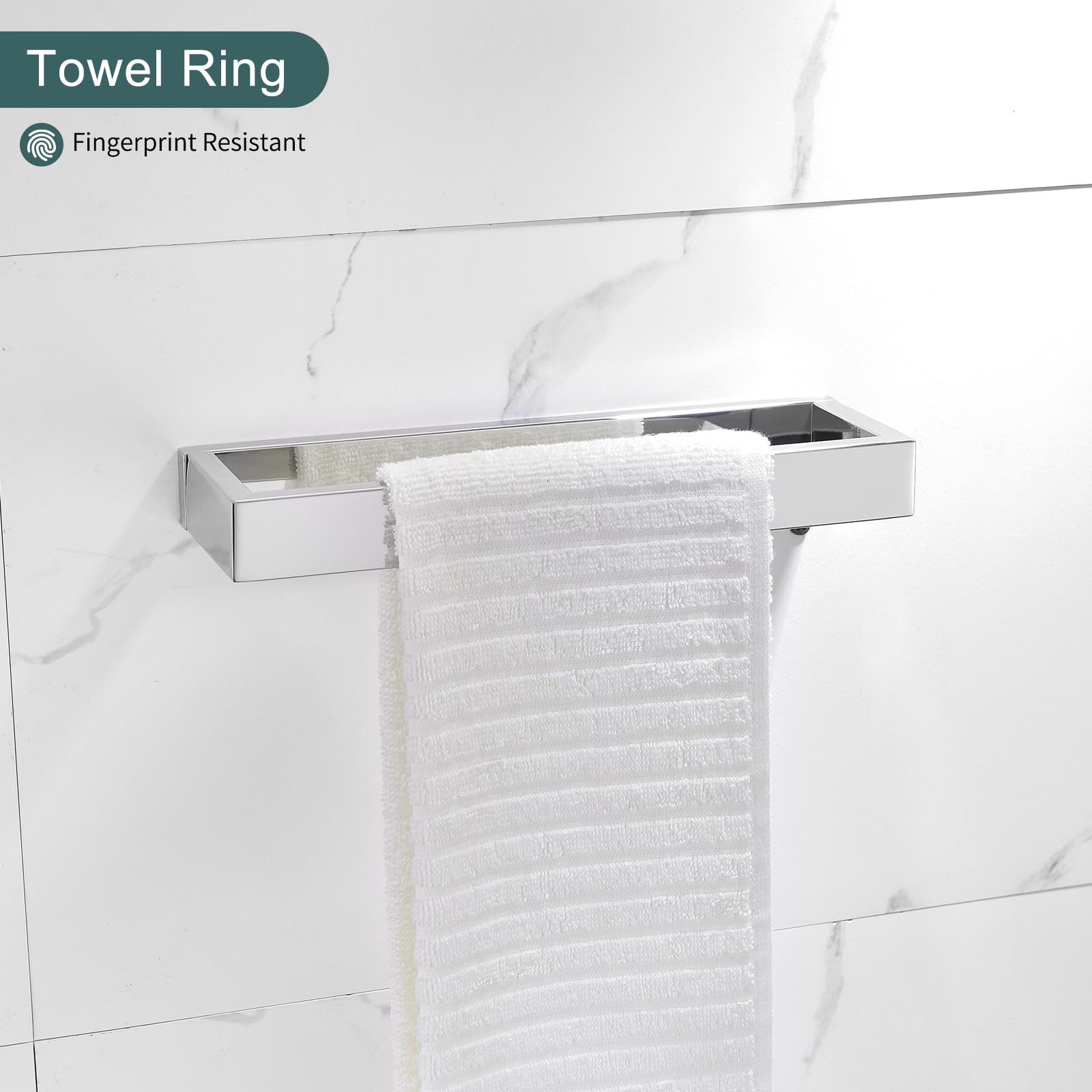 TNOMS polished-chrome towel ring close-up shows easy-clean surface.