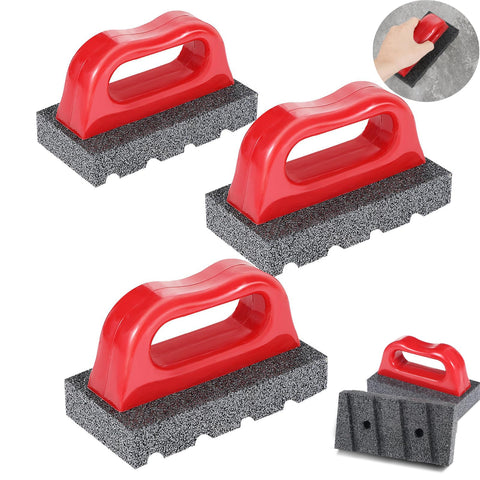 Tobeelec rub brick with handle and 20-grit red finish for smoothing concrete.