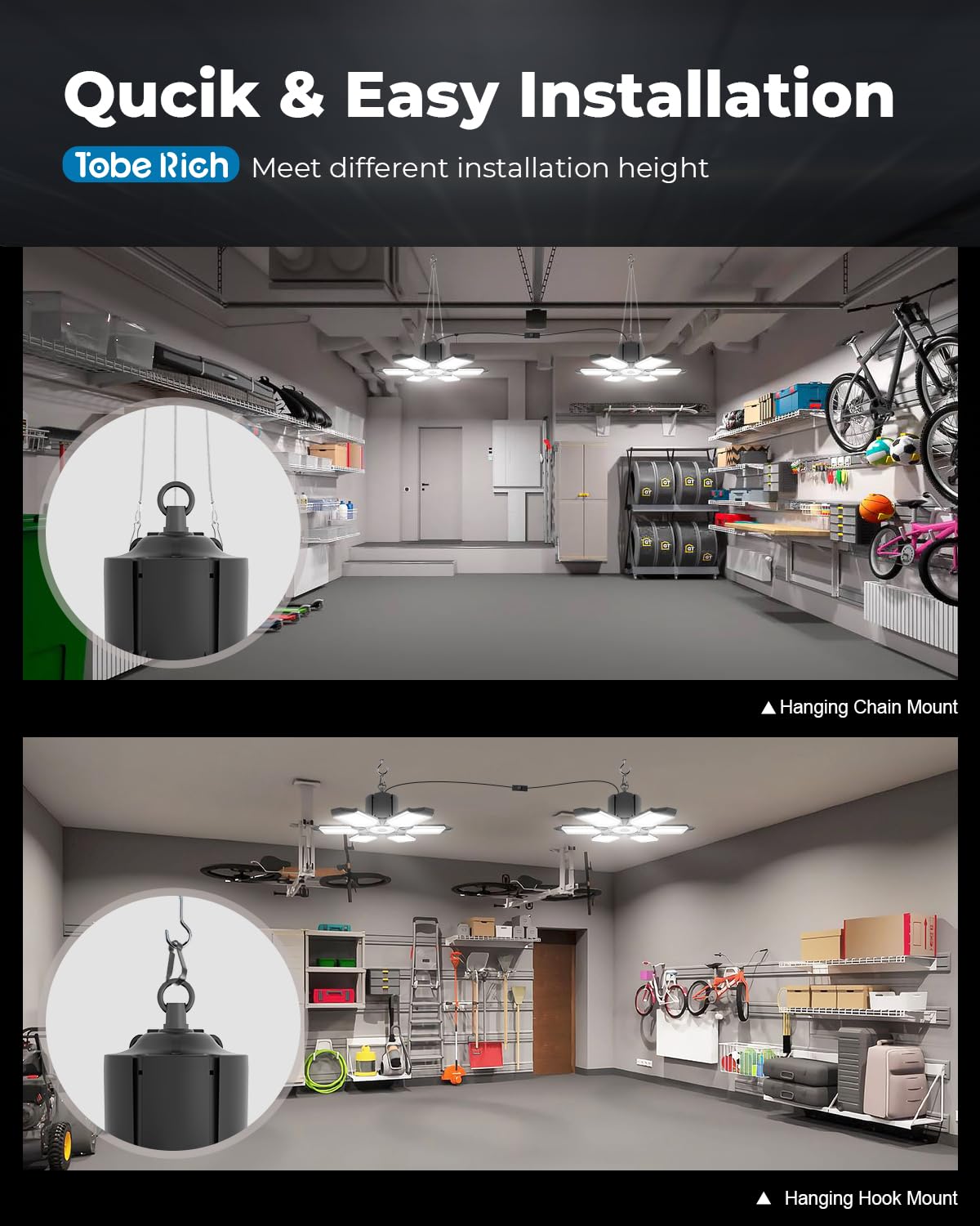 Toberich 2-pack garage light hanging methods include chains and ceiling hook options.
