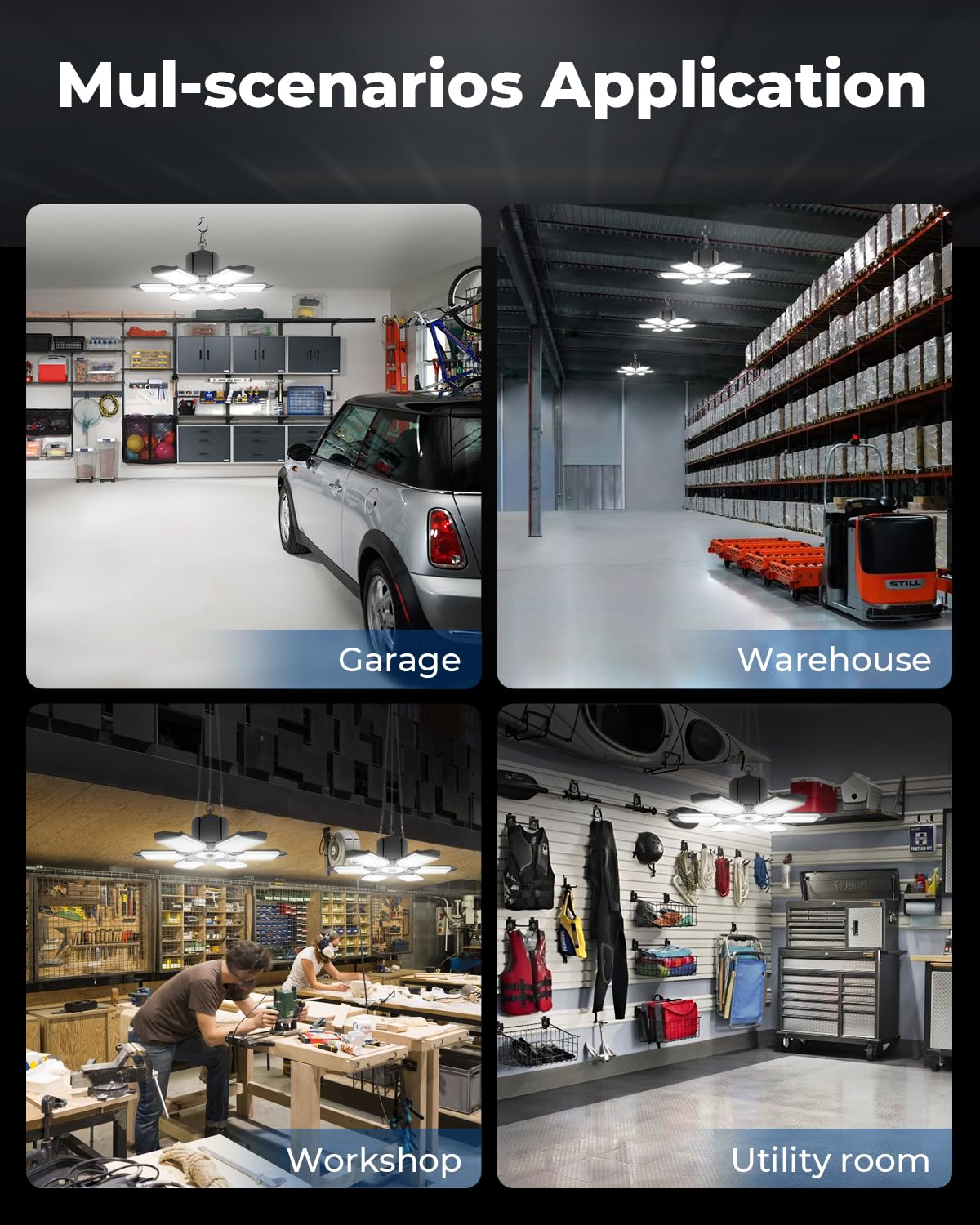 Toberich 2-pack garage light delivers wide-area coverage with 360-degree lighting.