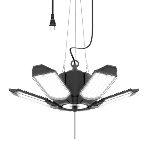 Toberich plug-in garage light, front view, delivering bright, even illumination.
