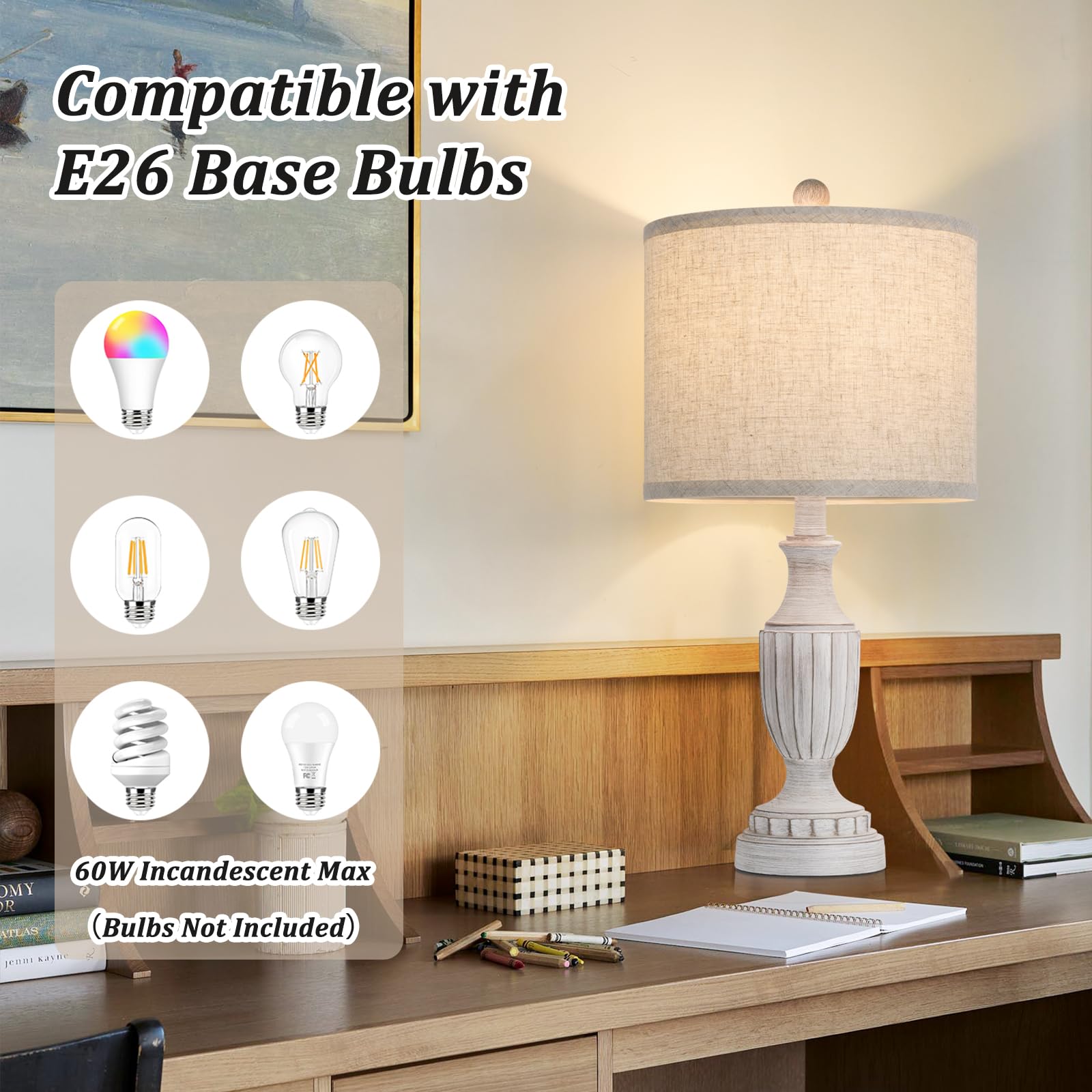 TOBUSA 22-inch table lamp set fits compact desks and nightstands with ample glow