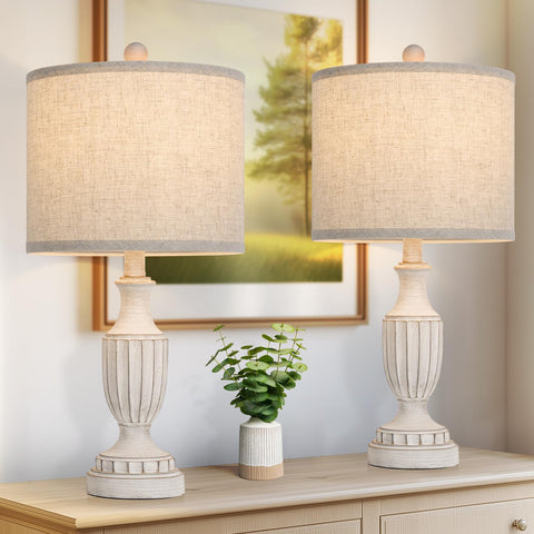 TOBUSA 22-inch farmhouse lamps set create inviting living room ambiance with a classic white finish.