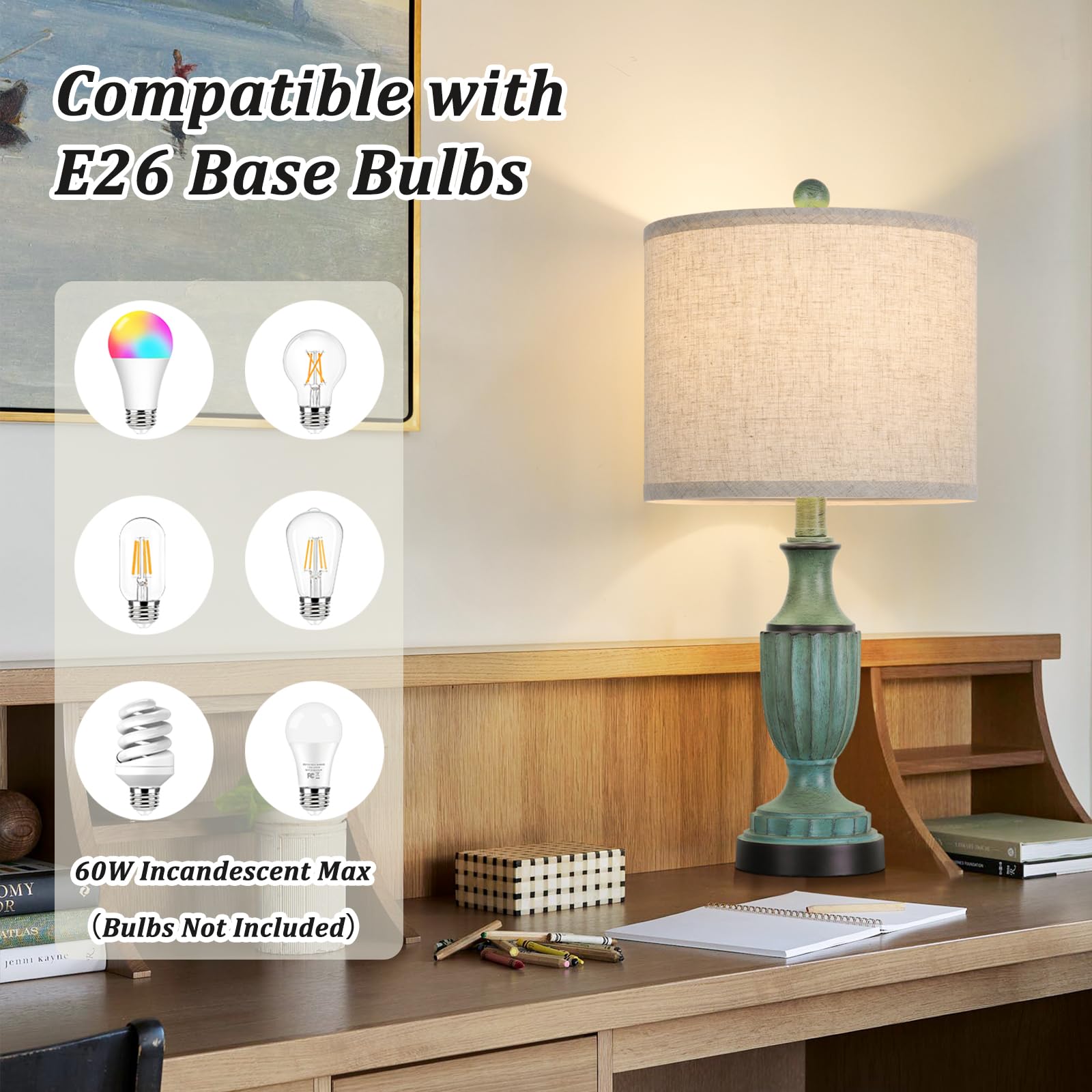 TOBUSA vintage-style end-table lamps enhance desk and console decor.
