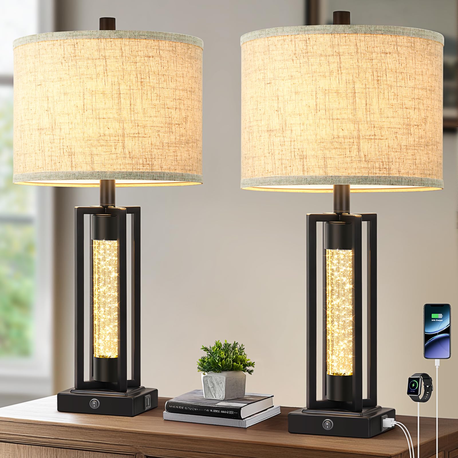 TOBUSA farmhouse table lamp set with crystal night light enhances living room ambiance