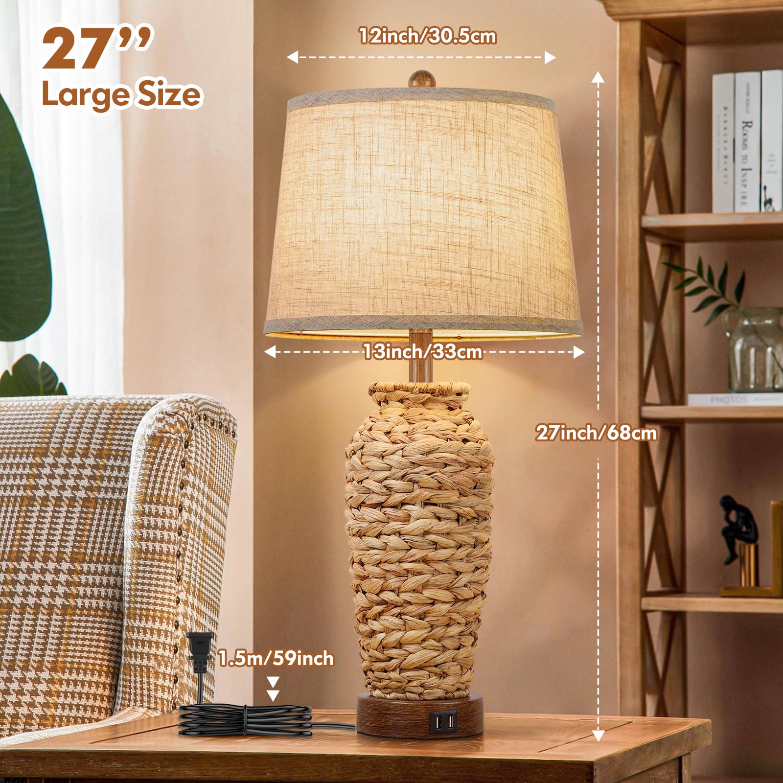 TOBUSA 27-inch rustic seagrass lamps ideal for bedside or end tables