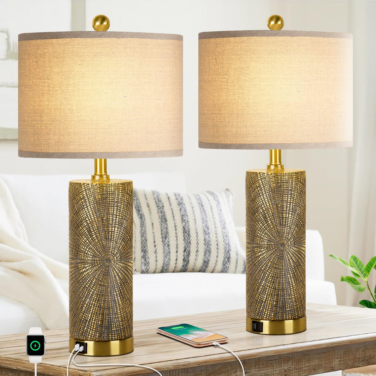 TOBUSA 27-inch gold vintage table lamp with crackle texture for warm bedside lighting