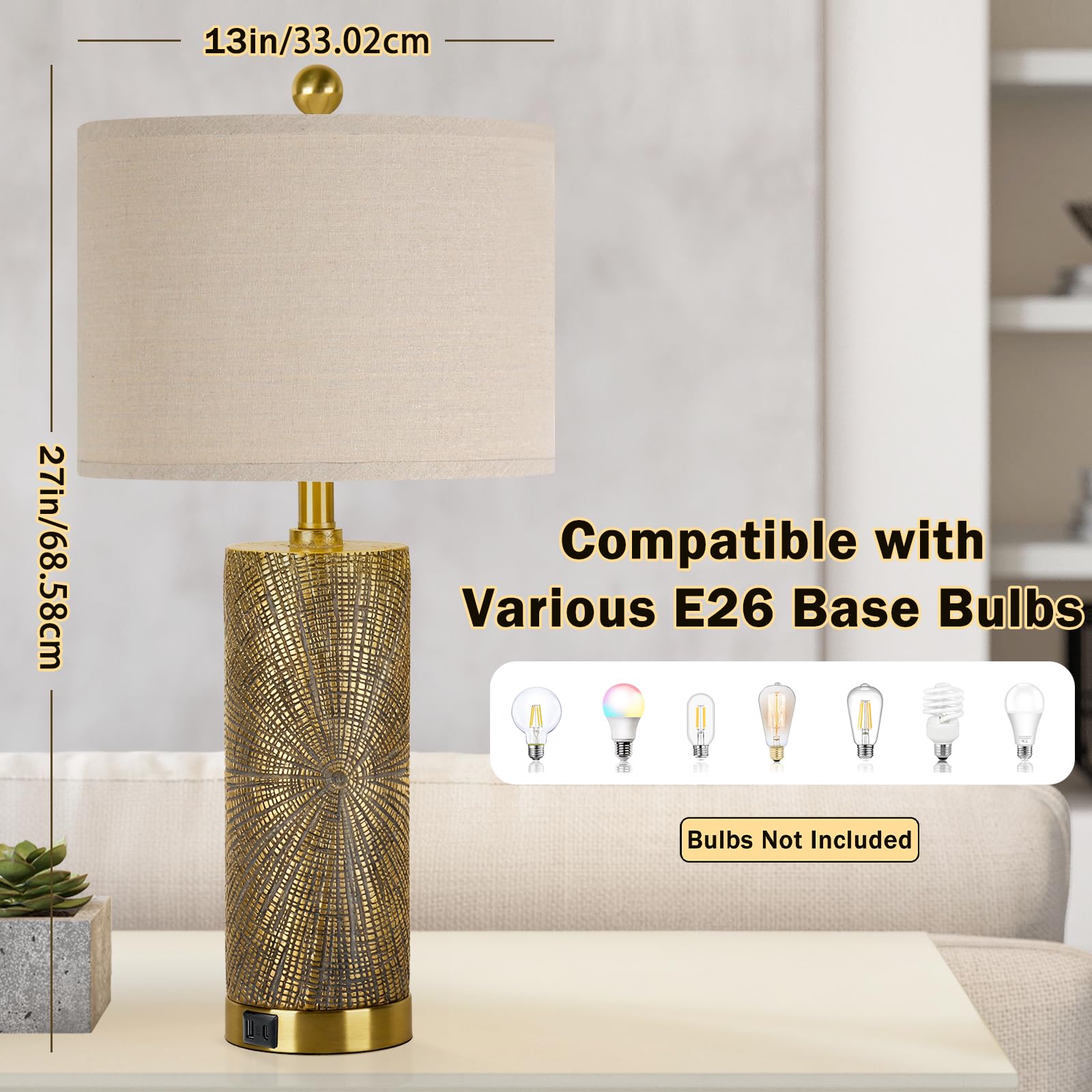TOBUSA 27-inch gold vintage table lamp with USB ports for easy bedside charging