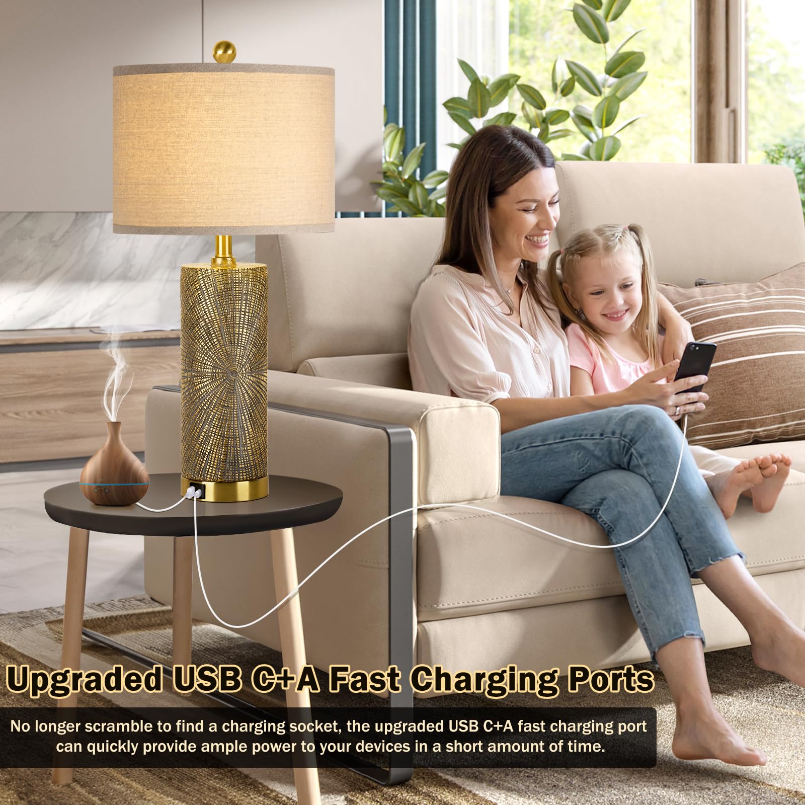 TOBUSA bedside lamp with beige linen shade diffusing a soft glow