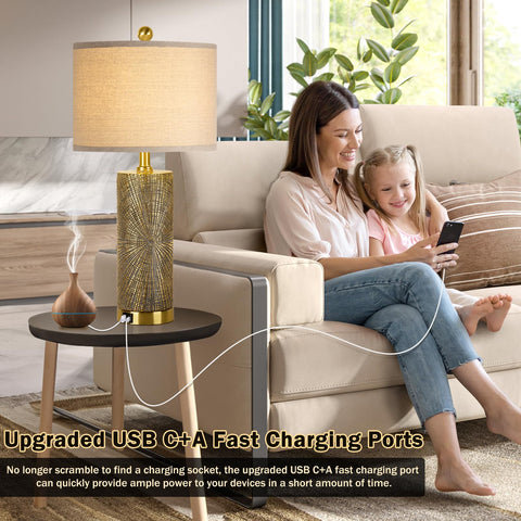 TOBUSA bedside lamp with beige linen shade diffusing a soft glow