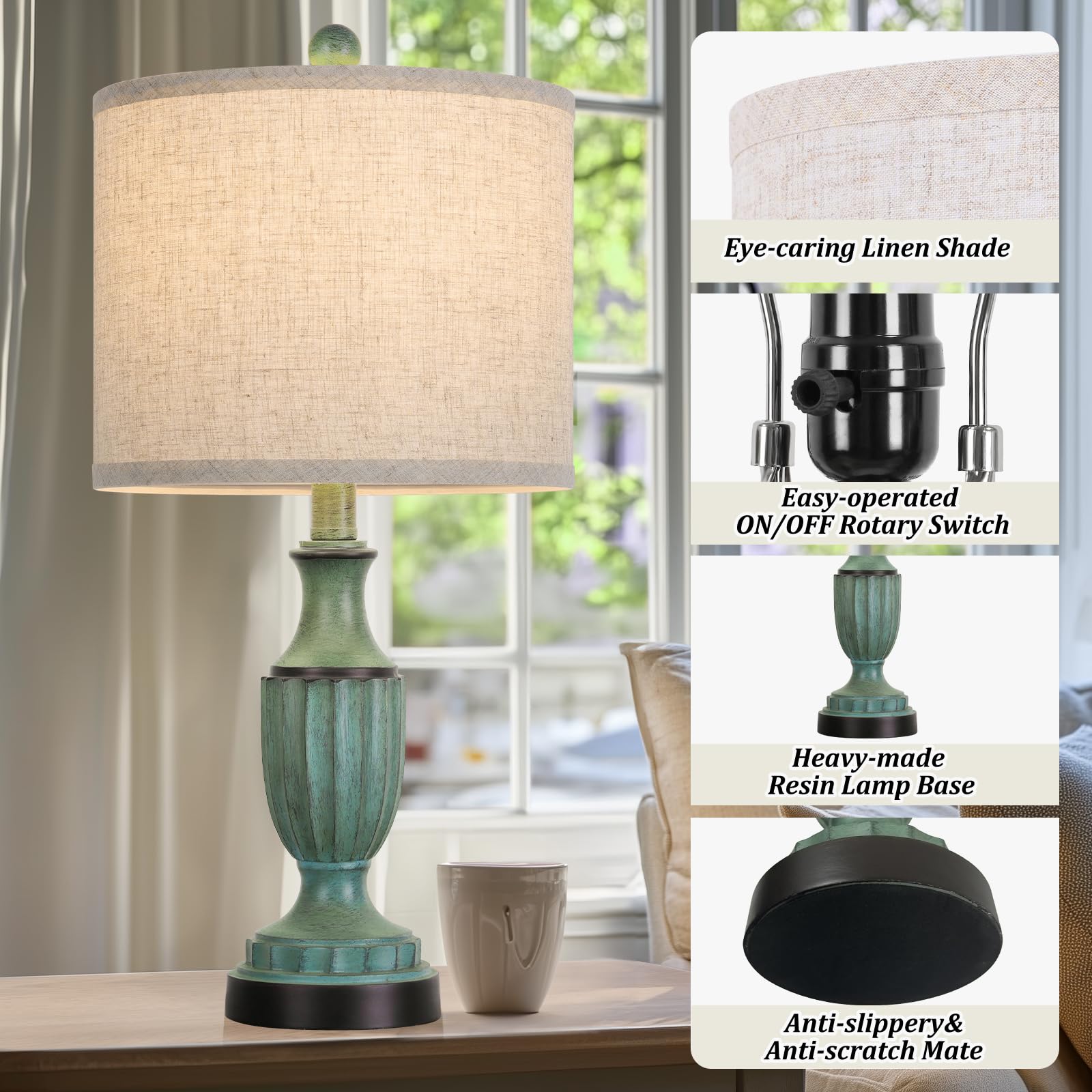 TOBUSA cream linen shade softens glare for comfortable reading.