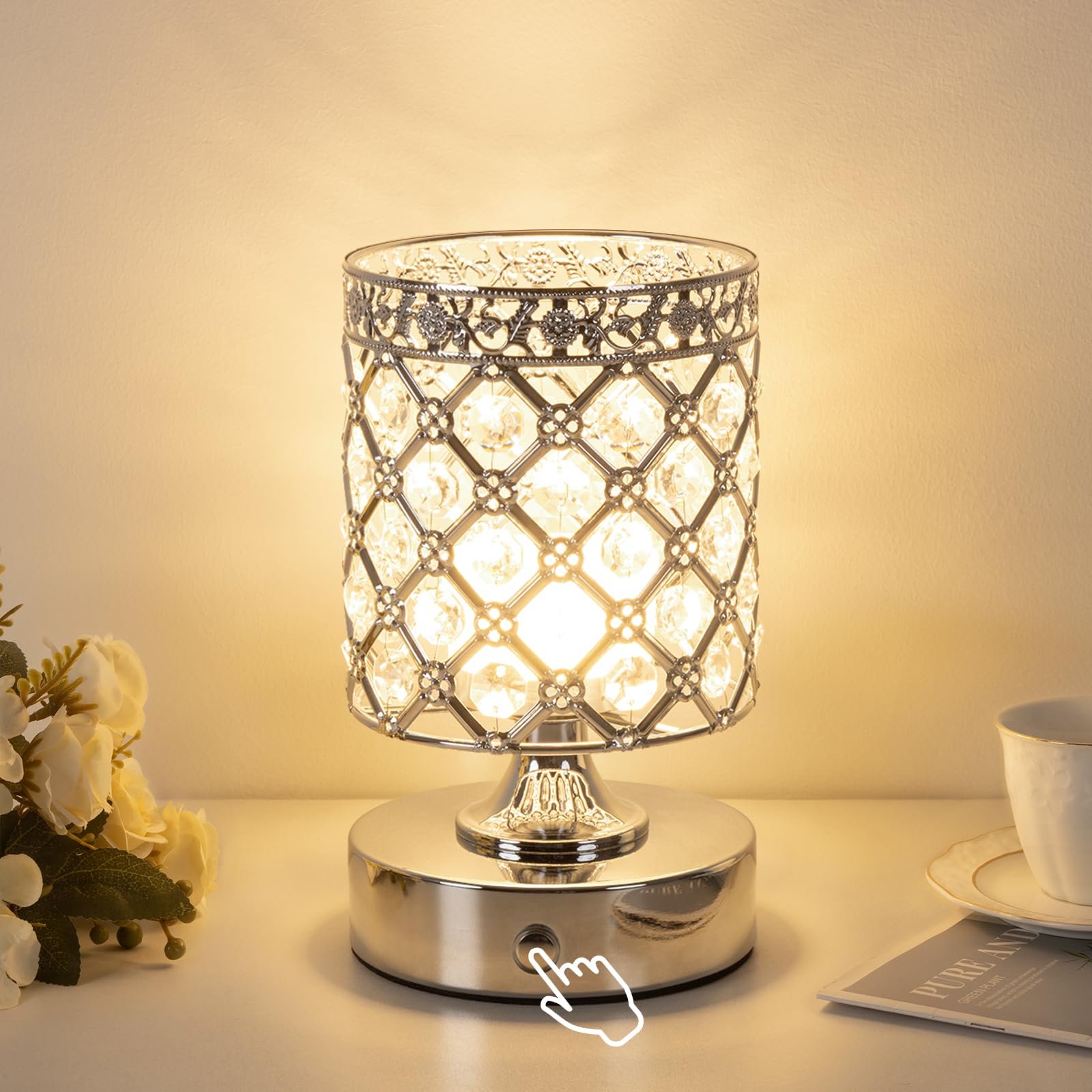 TOBUSA crystal lamp with silver base and K9 crystals for elegant ambient lighting.