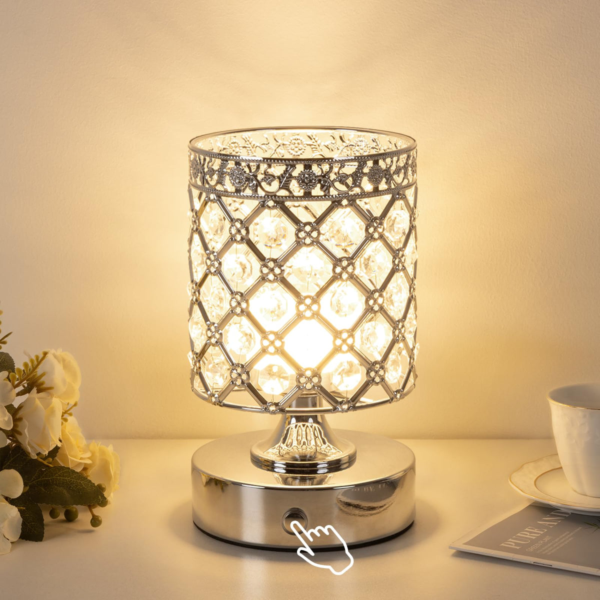 TOBUSA crystal lamp with silver base and K9 crystals for elegant ambient lighting.