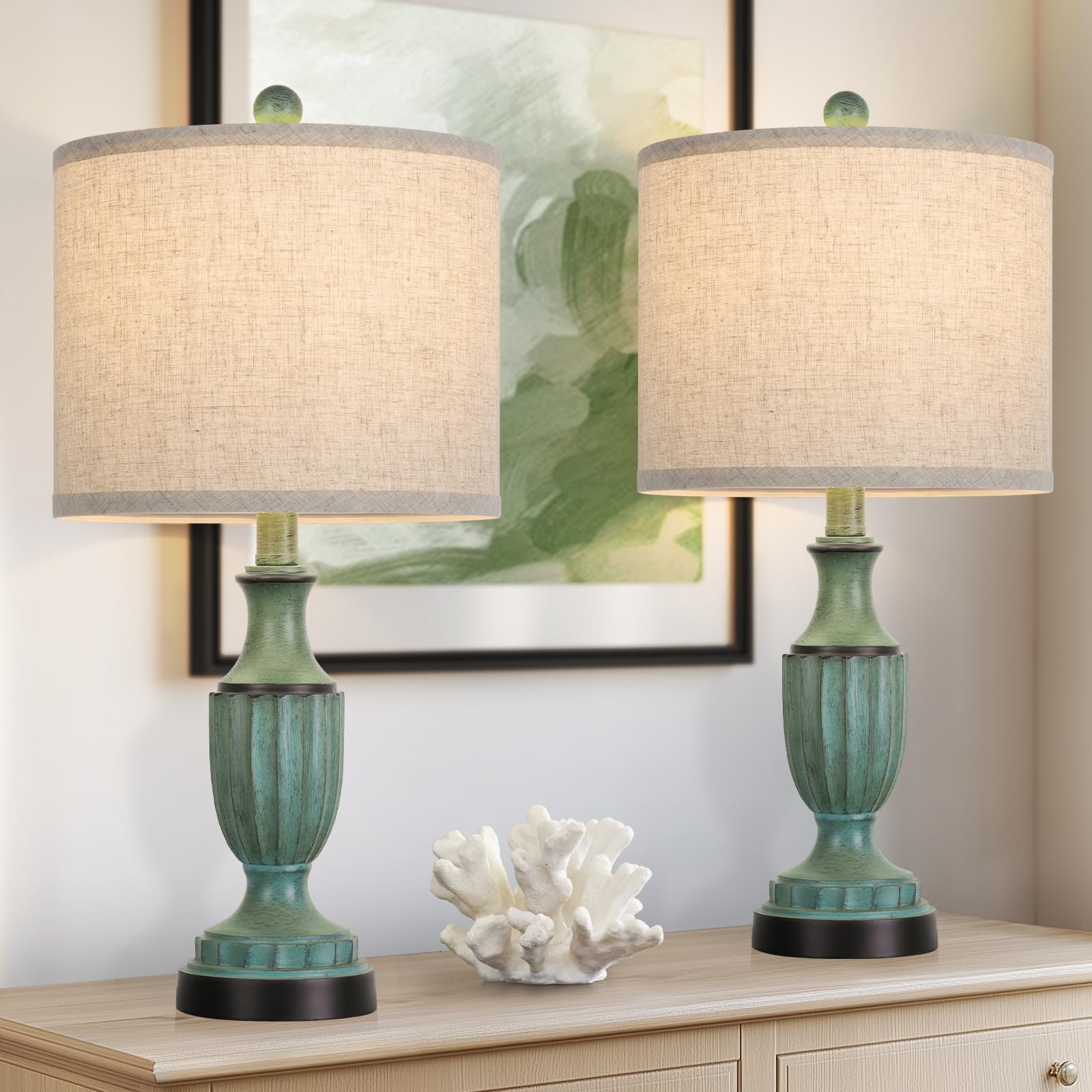 TOBUSA farmhouse lamp with green resin base adds rustic warmth to a living room.