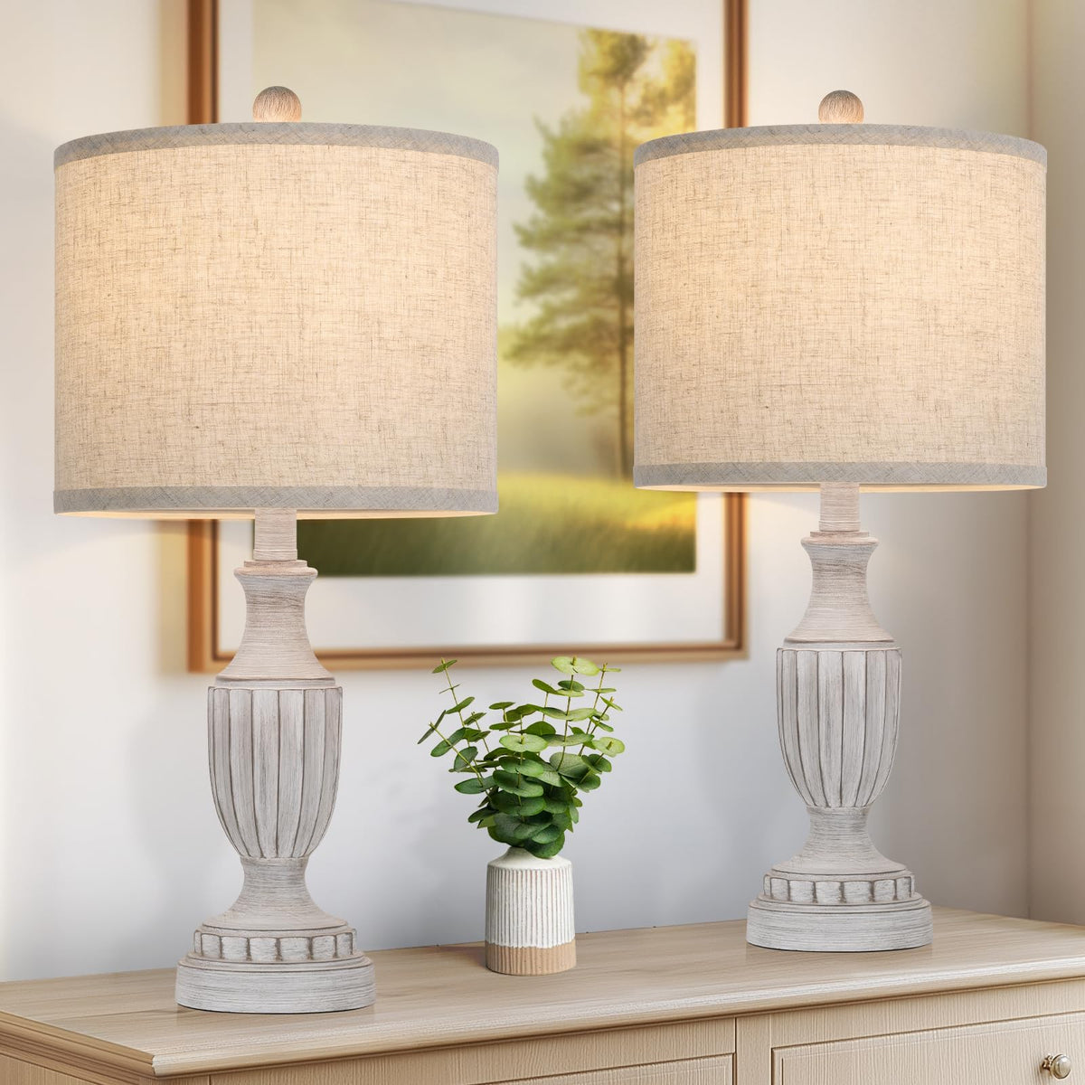 TOBUSA farmhouse lamps with grey resin bases offer a timeless living room focal point