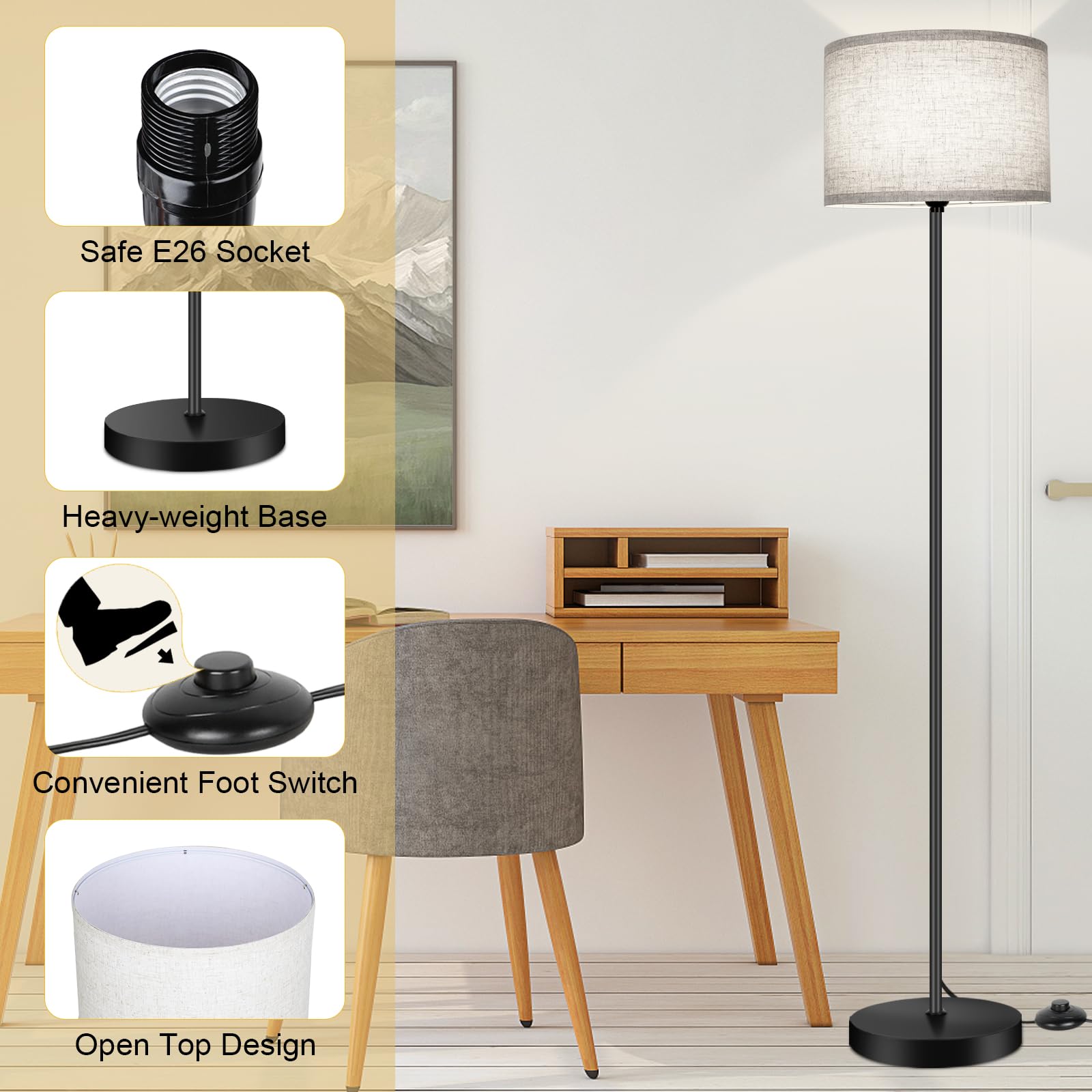 TOBUSA black pole floor lamp with slim, space-saving design