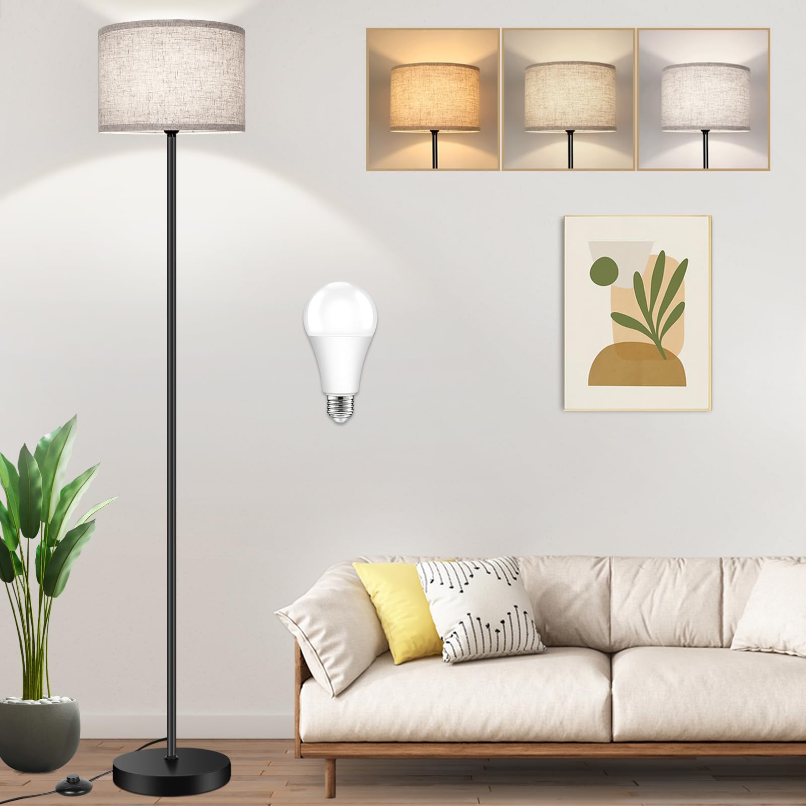 TOBUSA floor lamp with drum shade for warm, eye-friendly living room lighting