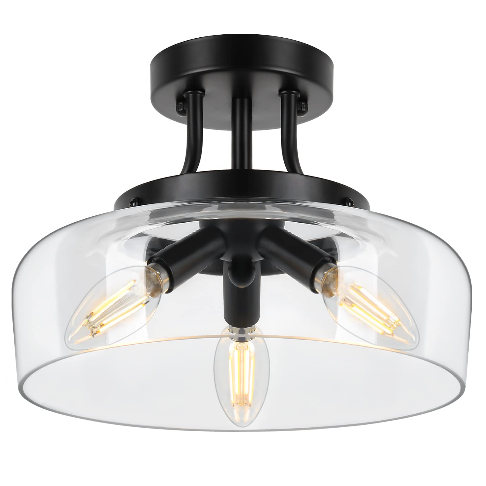 TOBUSA modern industrial semi flush mount with clear glass shade brightens the kitchen and dining areas.