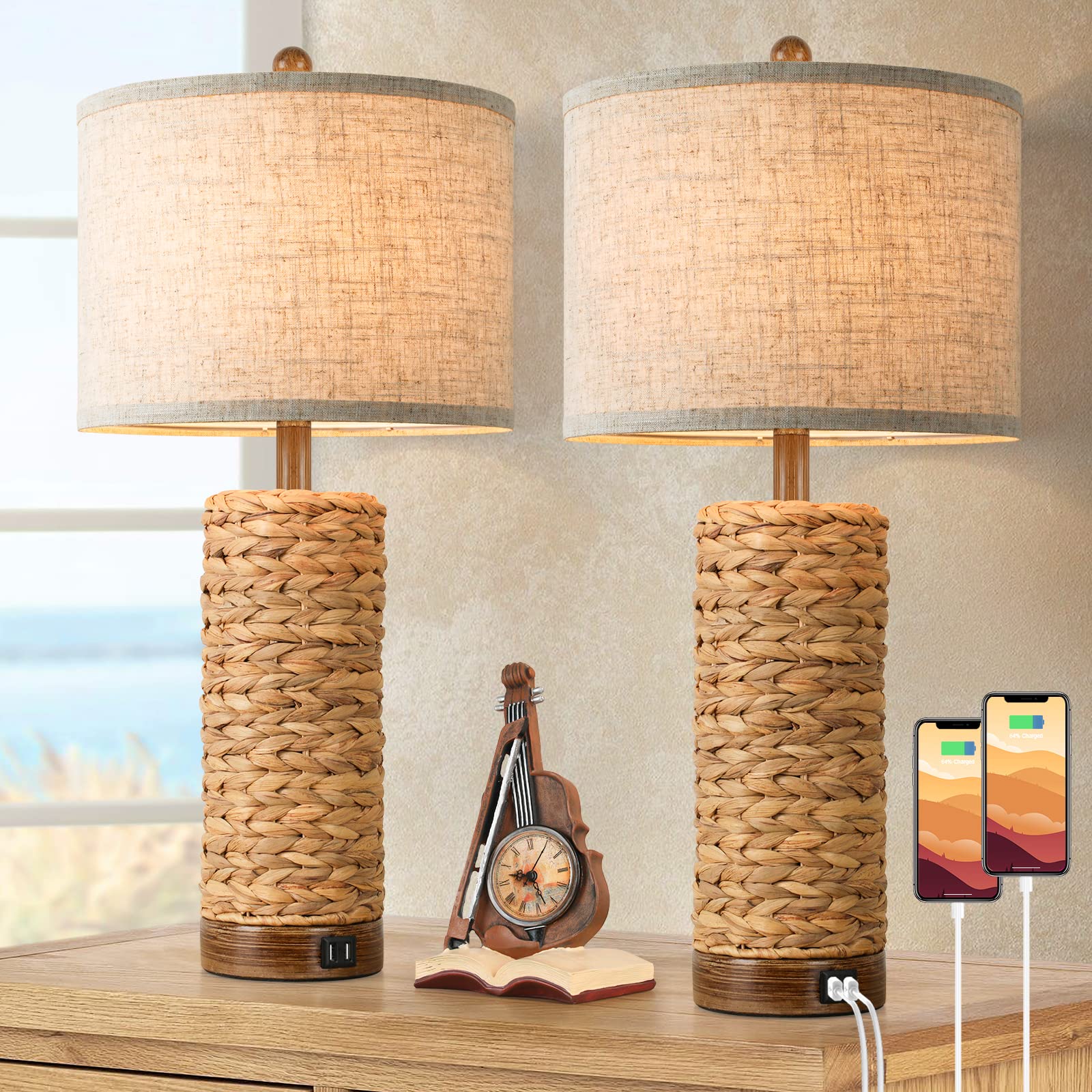 TOBUSA seagrass lamps with woven base provide ambient lighting